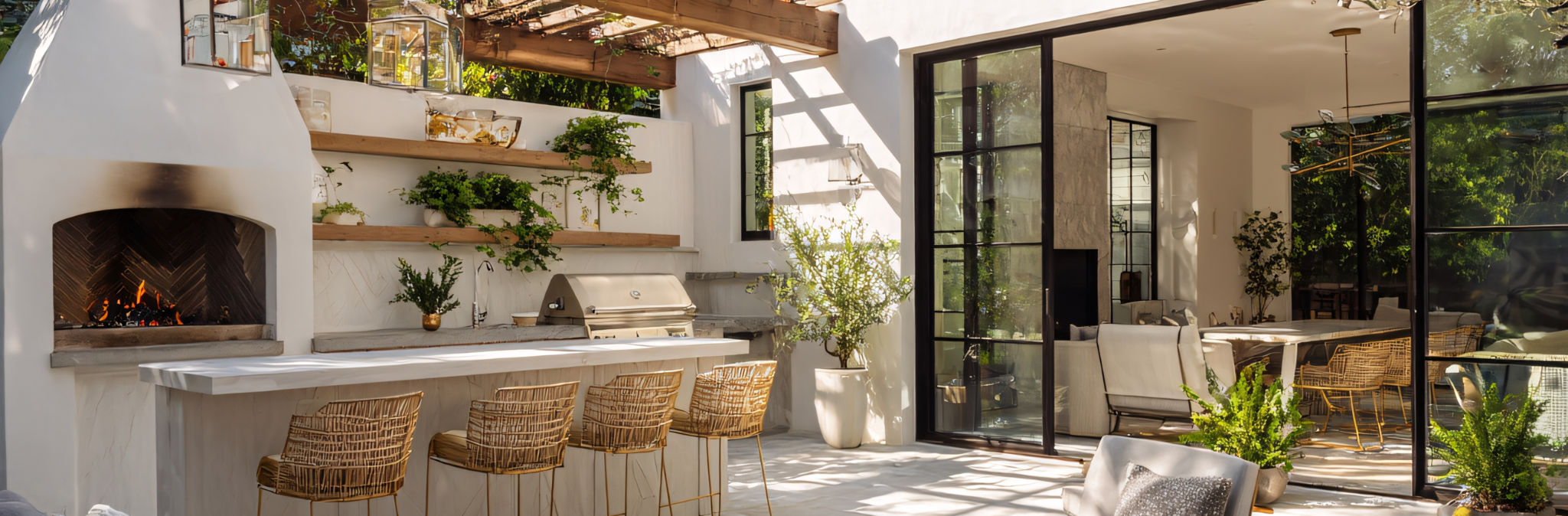 Bright indoor living space with an outdoor kitchen area, fireplace, and modern furniture, divided by large glass doors and windows with greenery outside, featuring plants and decorative items.