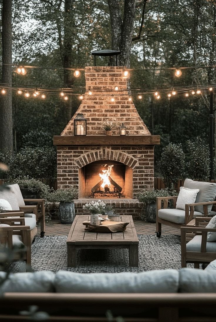 Outdoor living space with a brick fireplace, string lights, and surrounded by trees, featuring sofas, a wooden coffee table, and potted plants.