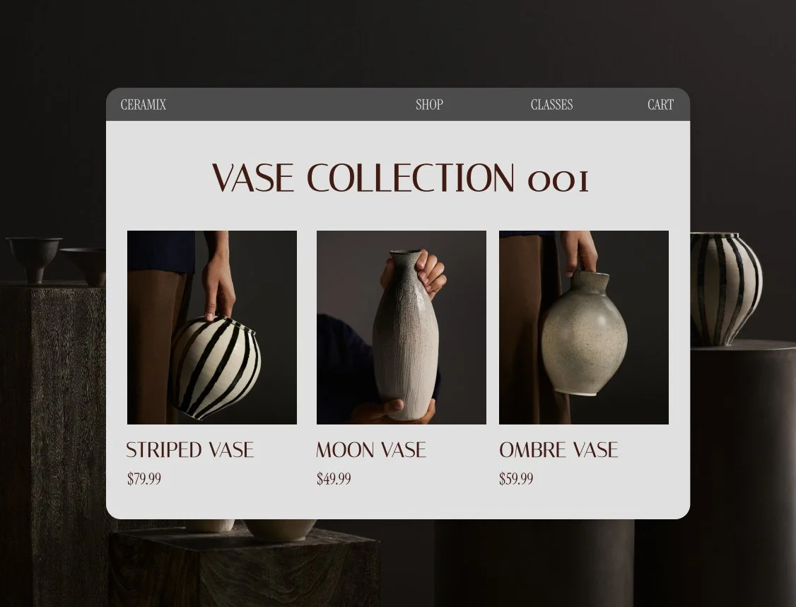Online shop page displaying a collection of ceramic vases including a striped vase, moon-shaped vase, and ombre vase with prices.