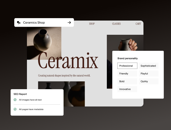 Screenshots of Squarespace's AI tools over the homepage of Ceramix, a pottery business.