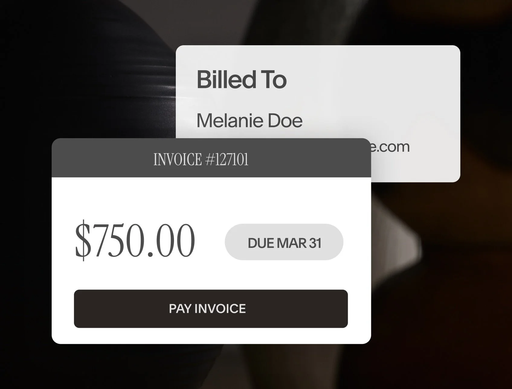 Digital invoice showing total amount, due date and &lsquo;Pay Invoice&rsquo; button, with the invoice recipient's name, Melanie Doe, in the background.