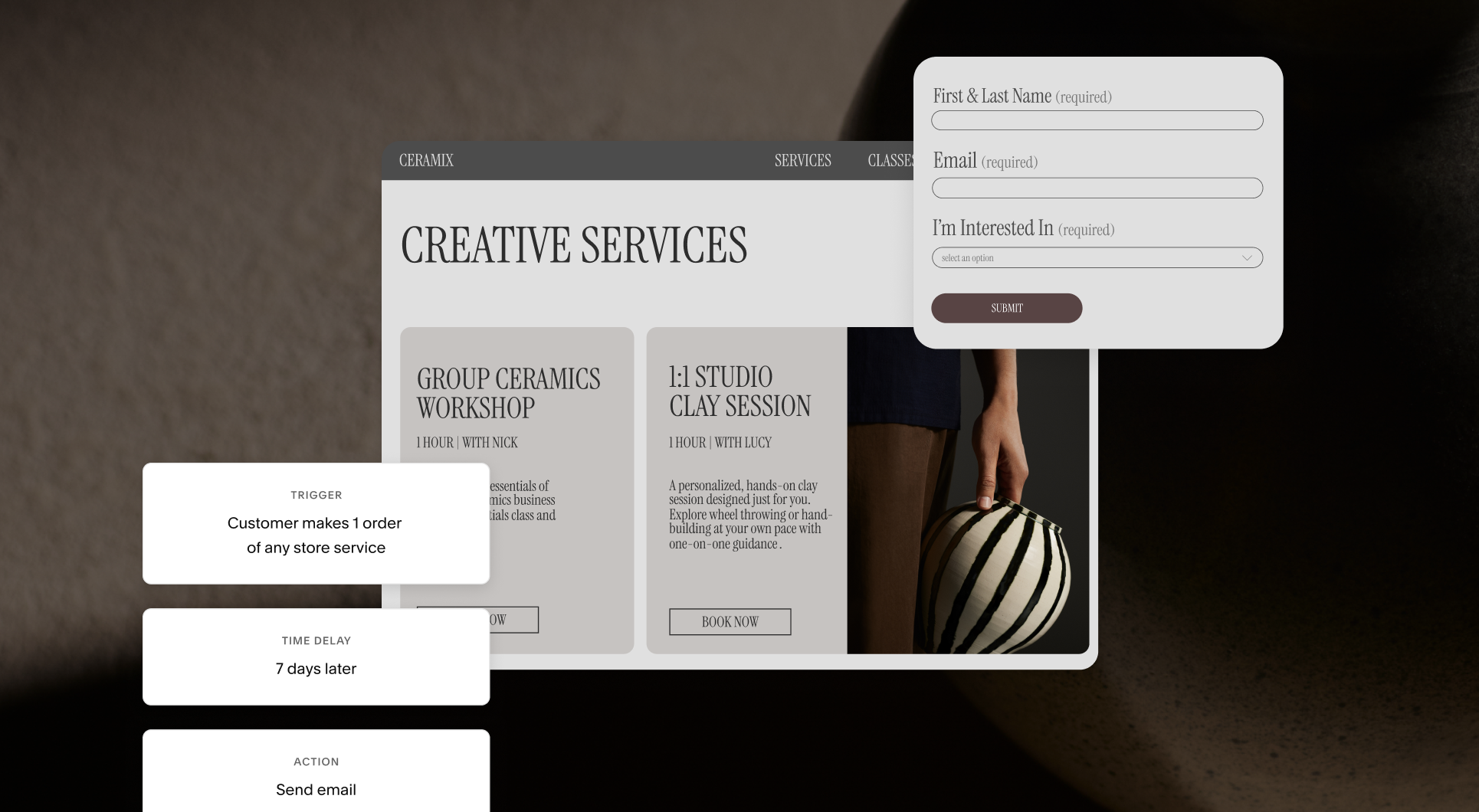 Images of email campaigns automation settings and an intake form, over a service listings page of a pottery business.