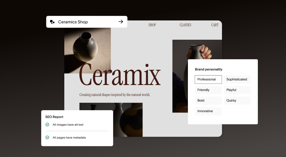 Screenshots of Squarespace's AI tools over the homepage of Ceramix, a pottery business.