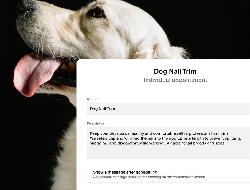 a white dog with its tongue out behind a screenshot of an Acuity appointment type