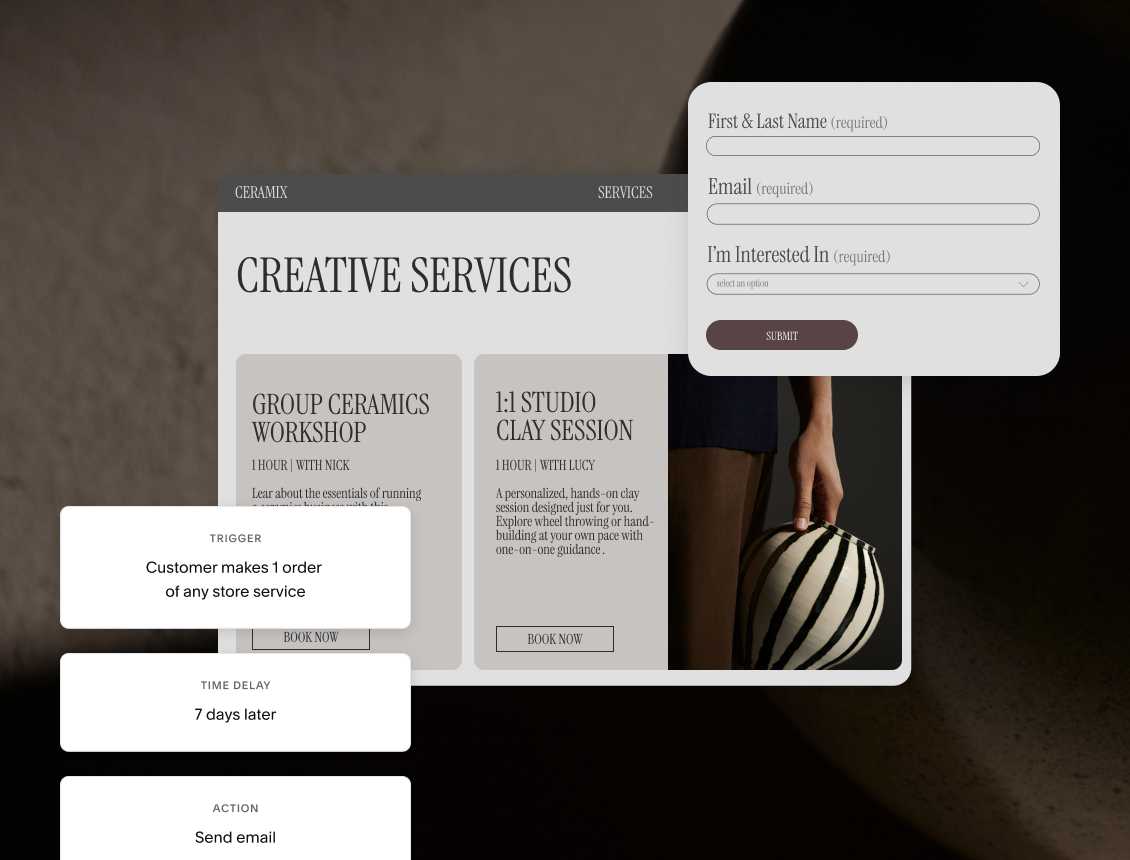 Images of email campaigns automation settings and an intake form, over a service listings page of a pottery business.