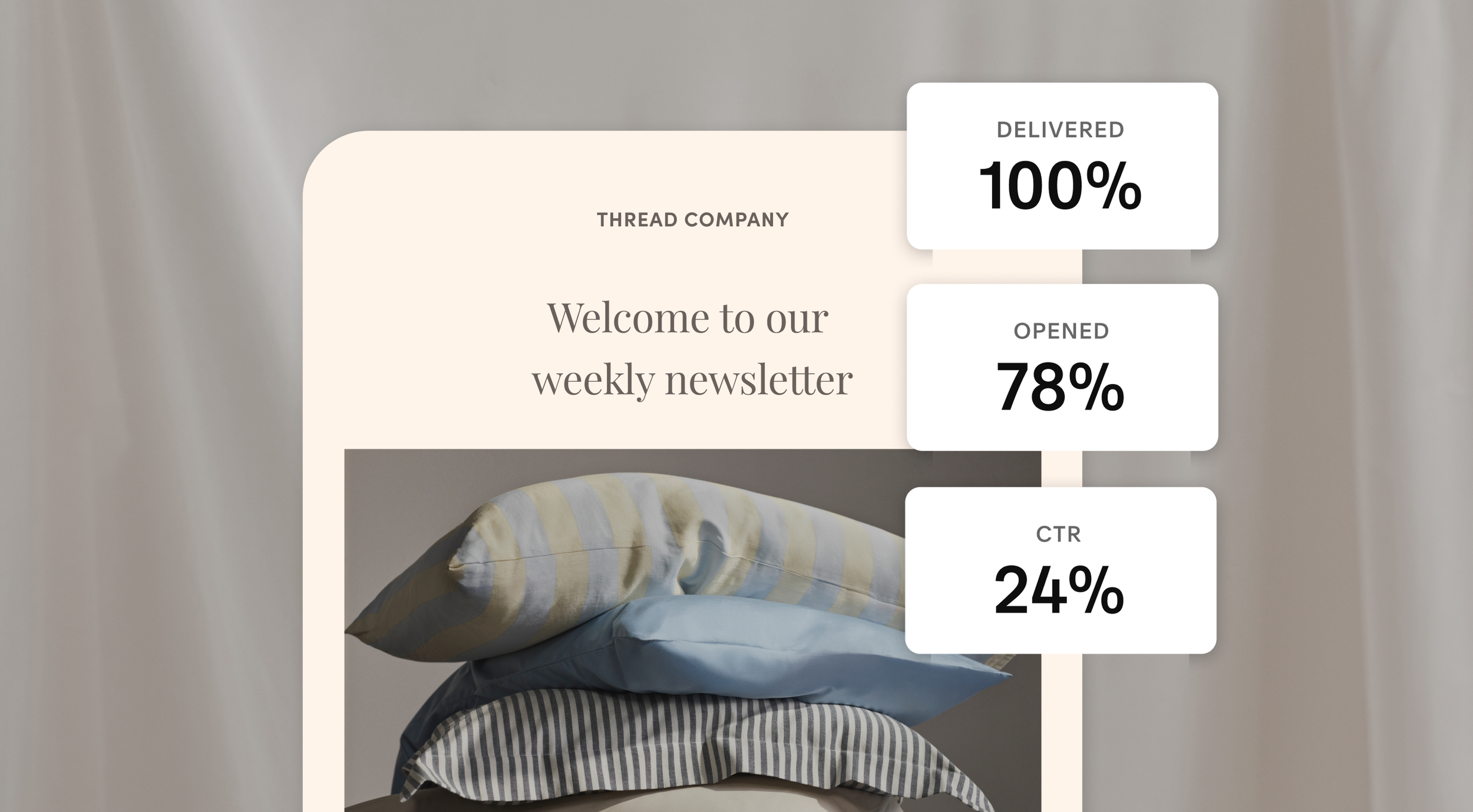 Mobile view of a weekly digital newsletter featuring a background of stacked pillows, with overlay of campaign’s statistics: 100% delivered, 78% opened, and 24% click-through rate.