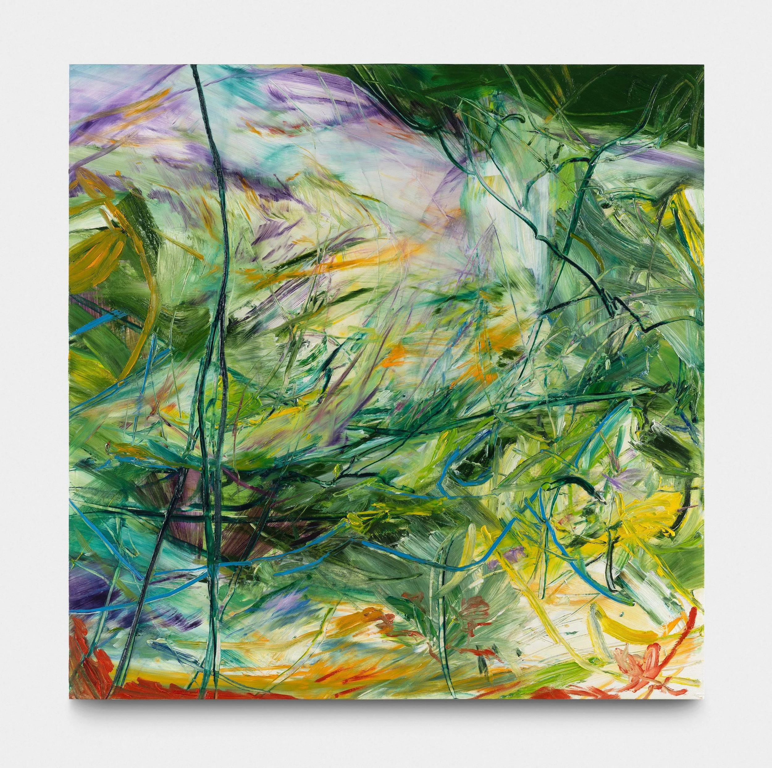 Abstract painting with vibrant shades of green, yellow, purple, blue, and orange, featuring swirling brushstrokes and overlapping lines.