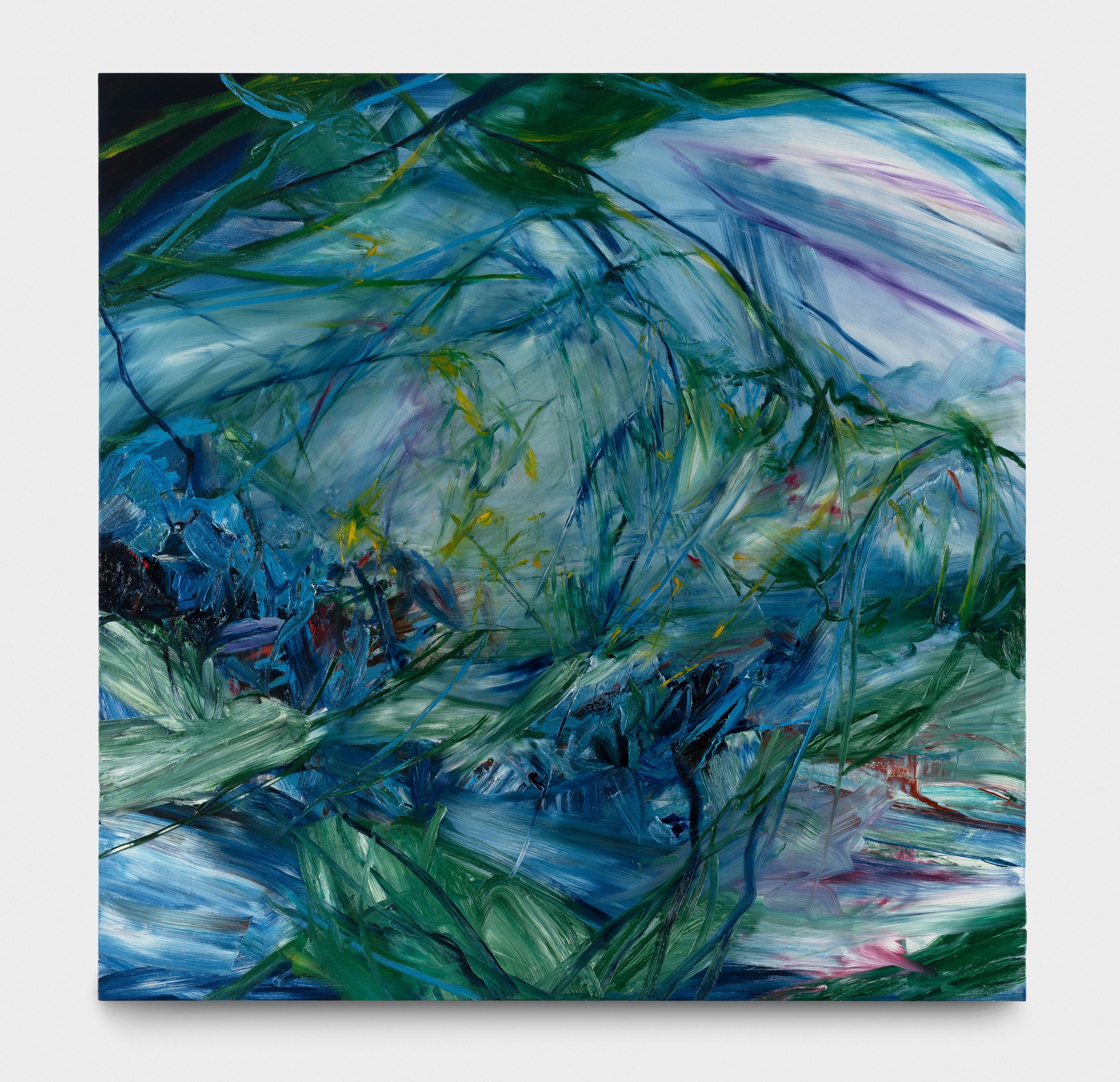 Abstract painting with swirling blue, green, white, and hints of purple and red brushstrokes.