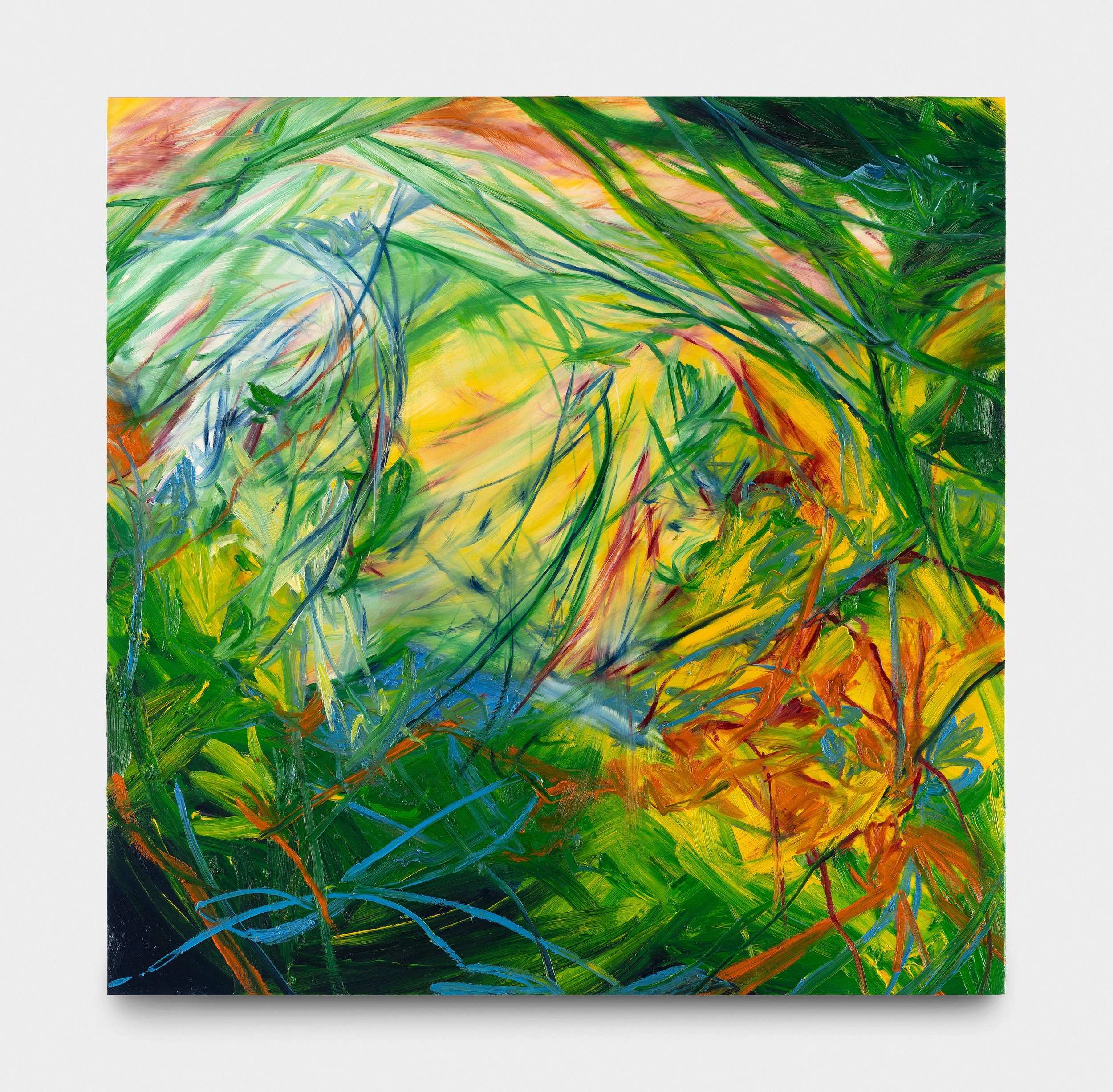 Abstract painting featuring vibrant greens, yellows, oranges, and blues with sweeping, energetic brushstrokes.