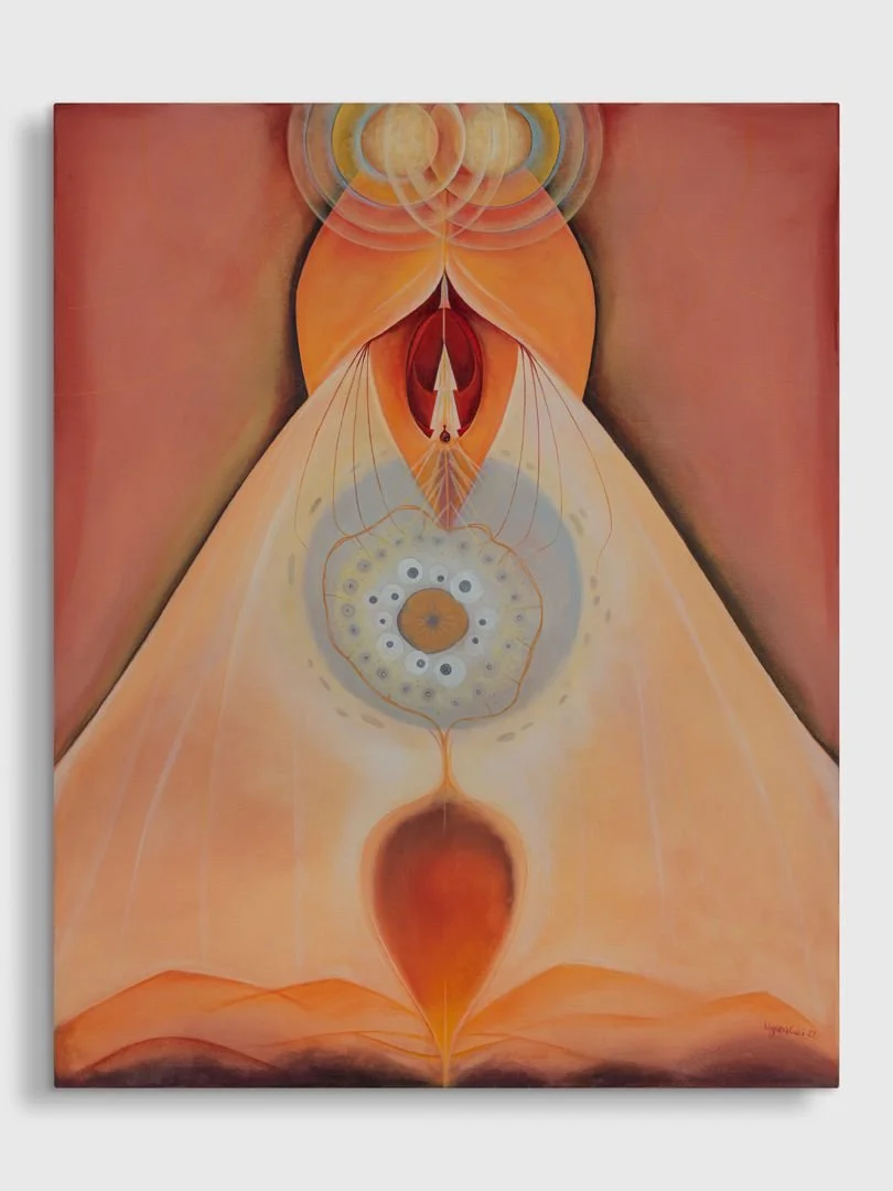 Abstract painting with swirling brushstrokes in shades of pink, orange, yellow, green, and hints of purple and brown.