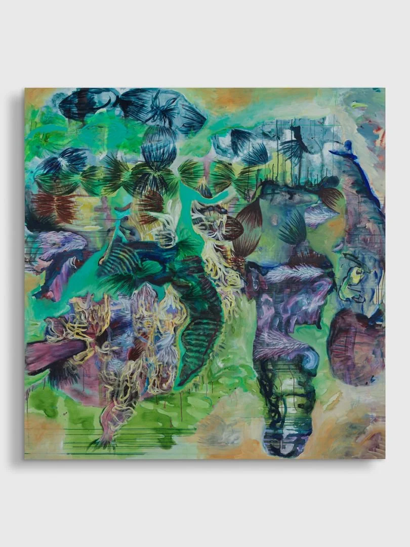 Abstract painting with vibrant green, blue, purple, and pink hues, depicting floral and animal shapes blending together in a surreal style.