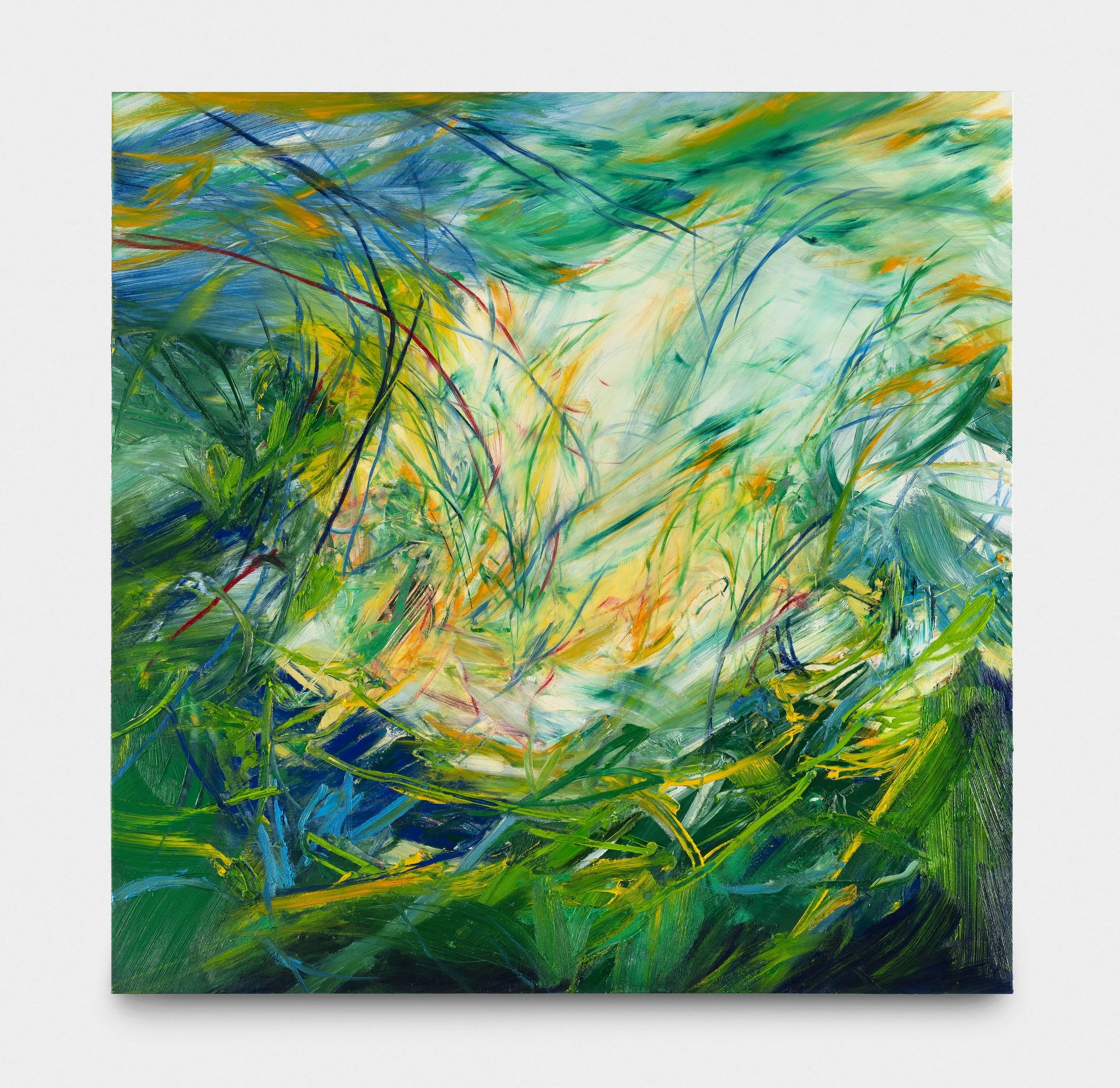 Abstract painting with green, blue, yellow, and orange brushstrokes, resembling a vibrant natural scene, possibly a bird's nest or a dense foliage.