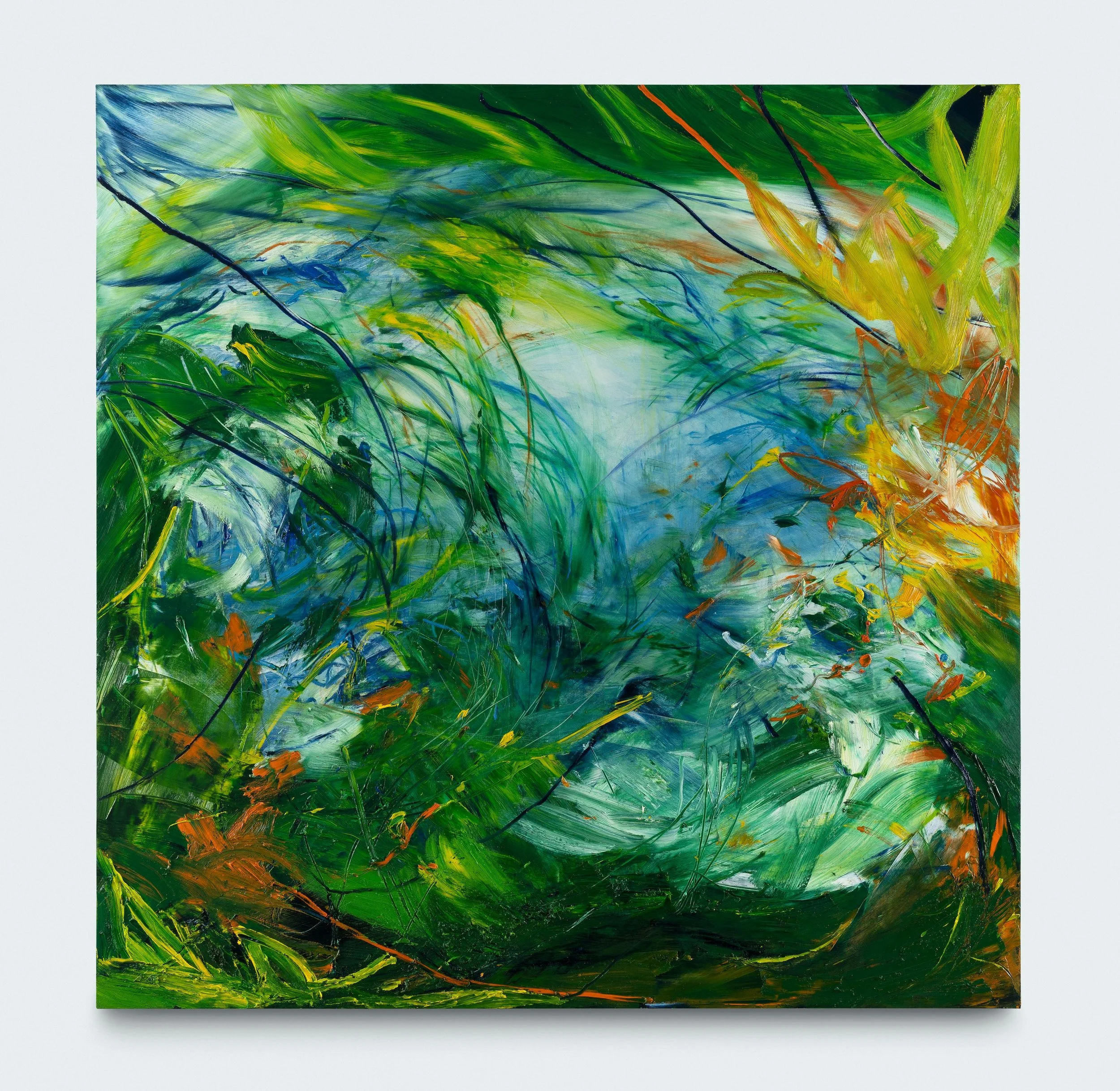 Abstract painting with green, blue, yellow, and orange brushstrokes, featuring swirling and overlapping patterns.