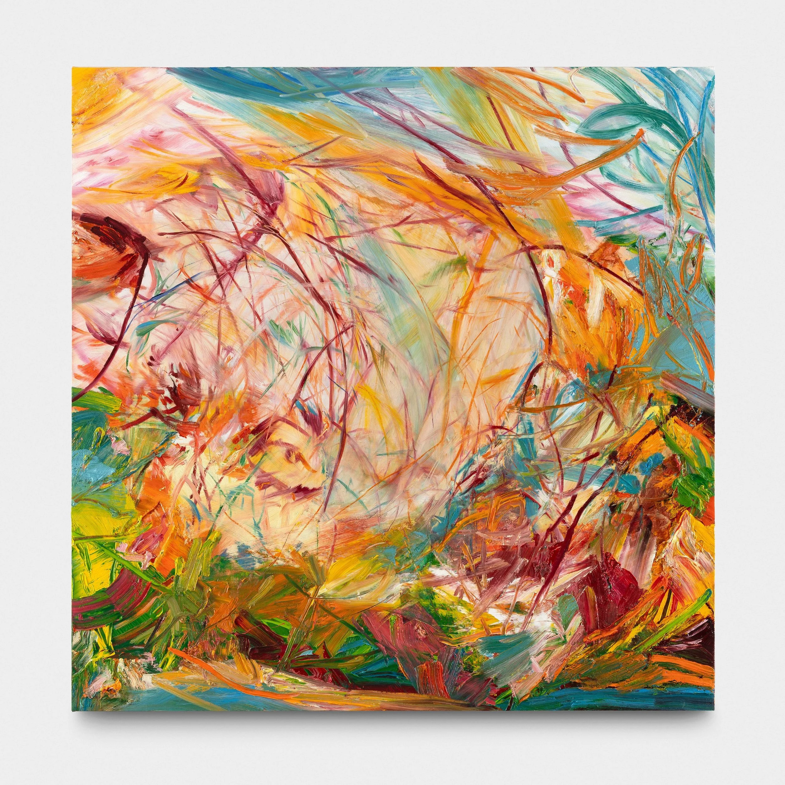 Abstract painting with vibrant colors including orange, pink, green, blue, and yellow, with sweeping brushstrokes and layered textures.
