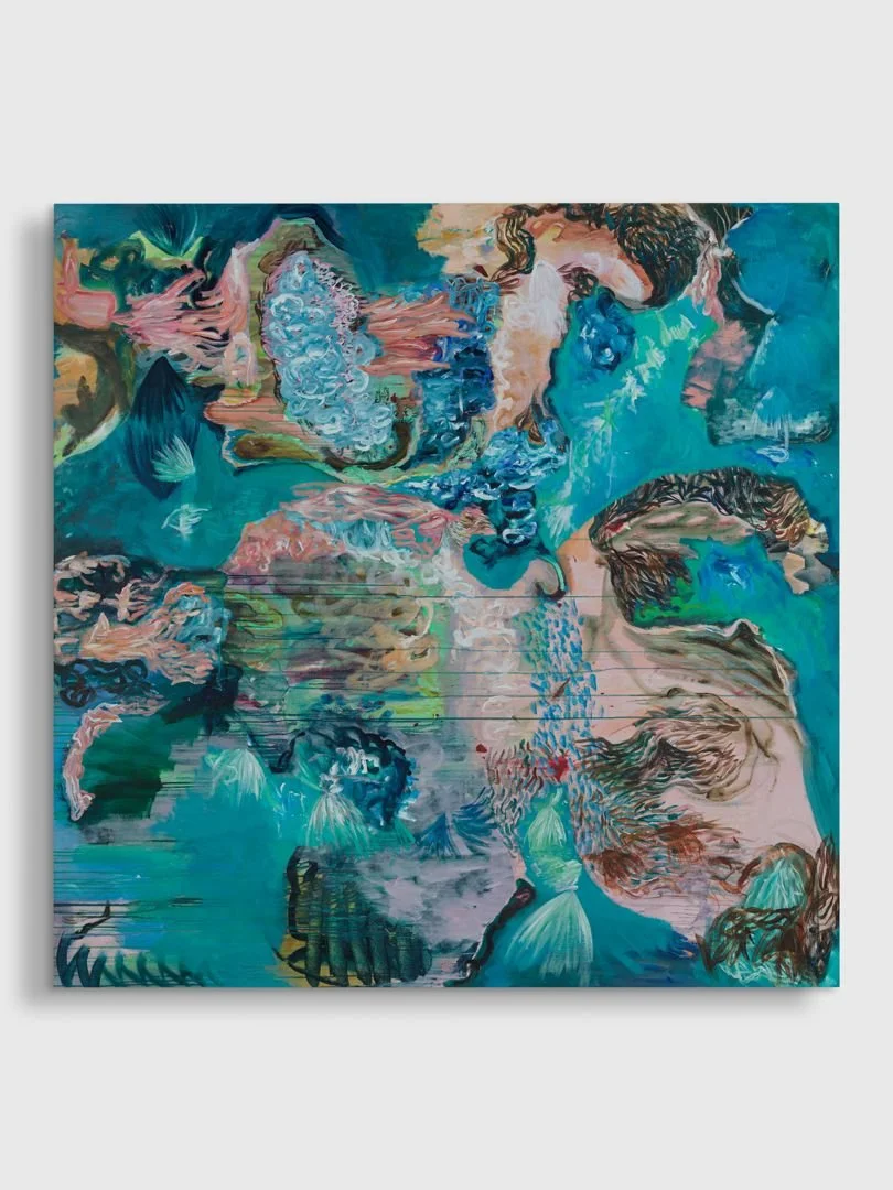 Abstract painting with swirling colors of blue, pink, green, and brown, depicting two faces, one with curly hair and the other with straight hair, blending into an oceanic scene.