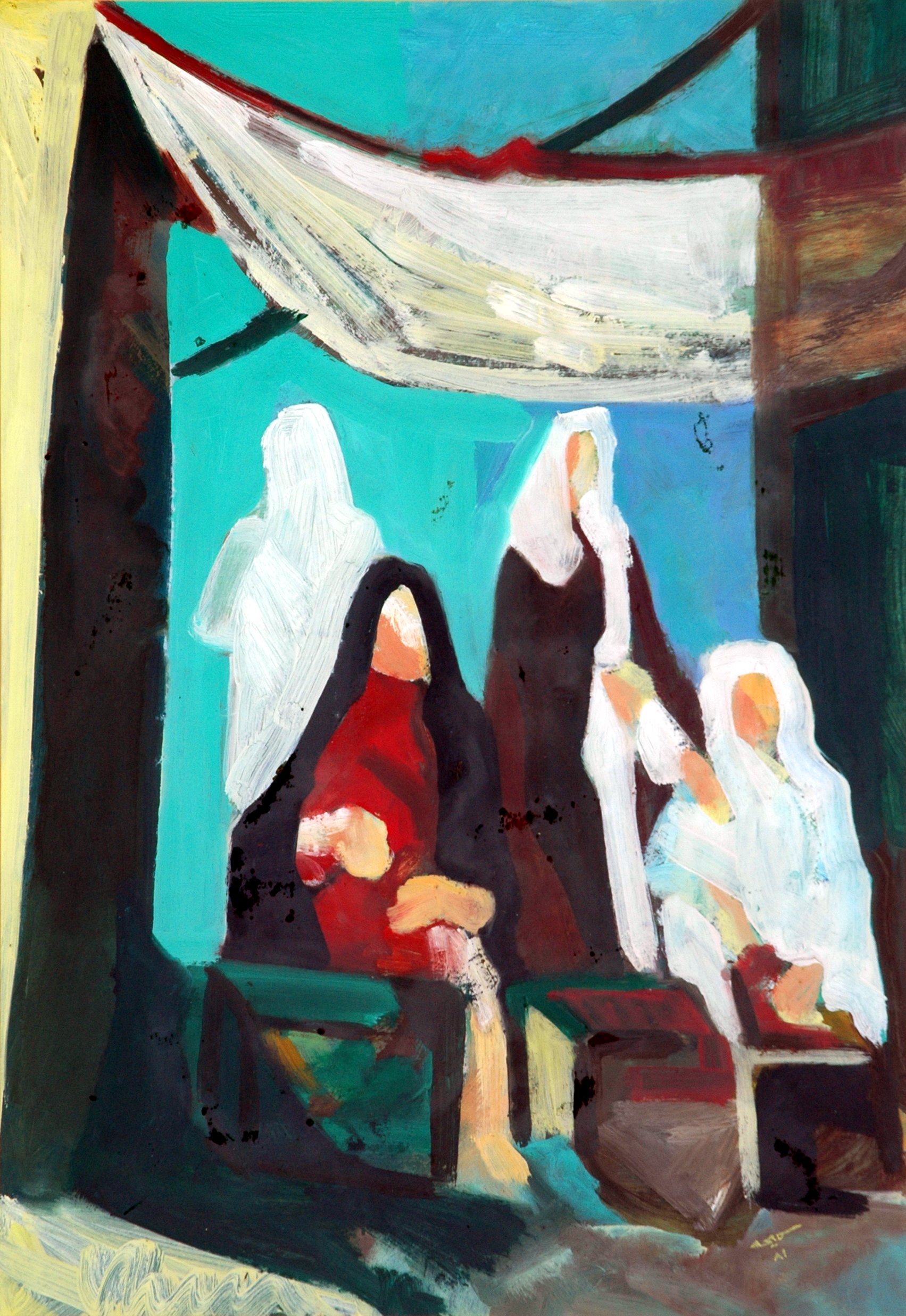 An abstract painting featuring five faceless women in a space with a turquoise background and colorful drapes.