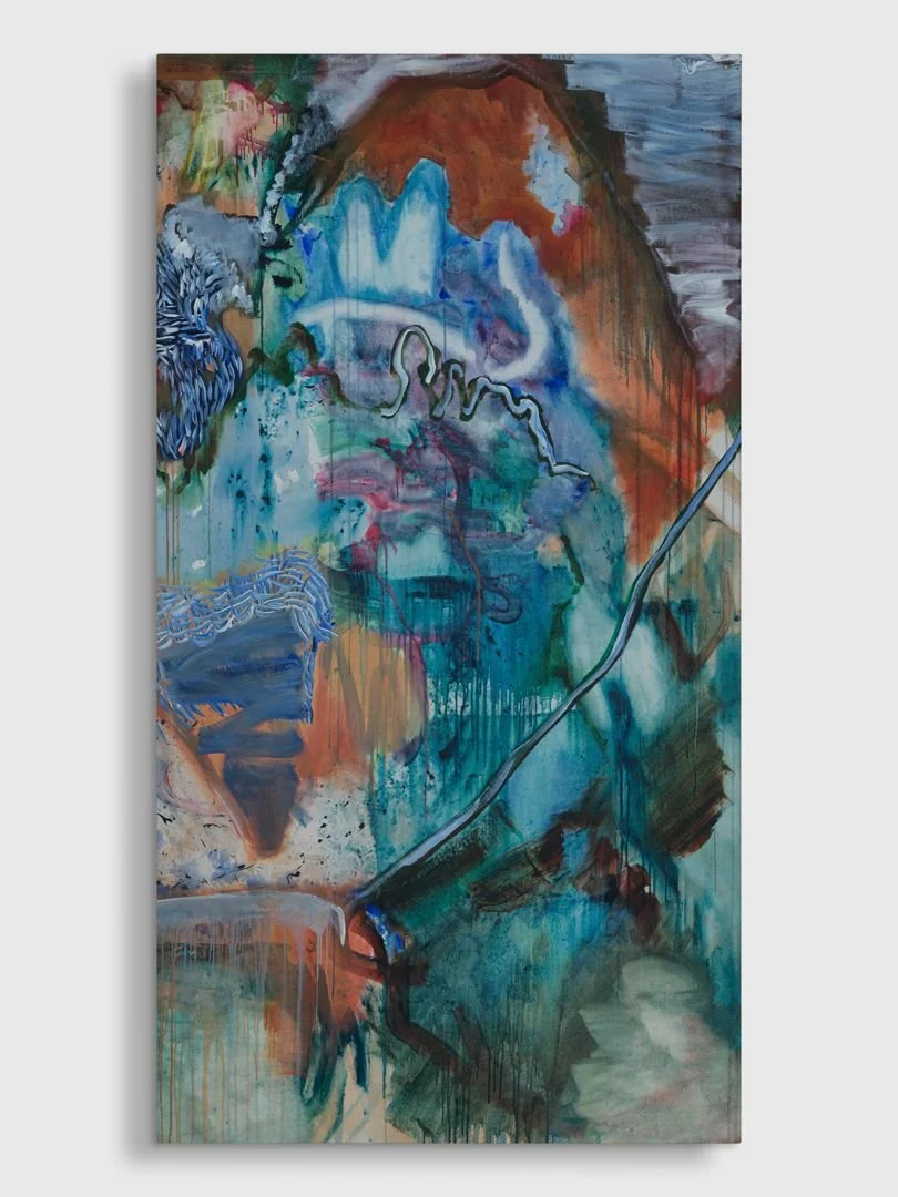 Abstract painting with a mix of bright and dark colors, including blue, orange, brown, and green, featuring fluid shapes and dripping paint.