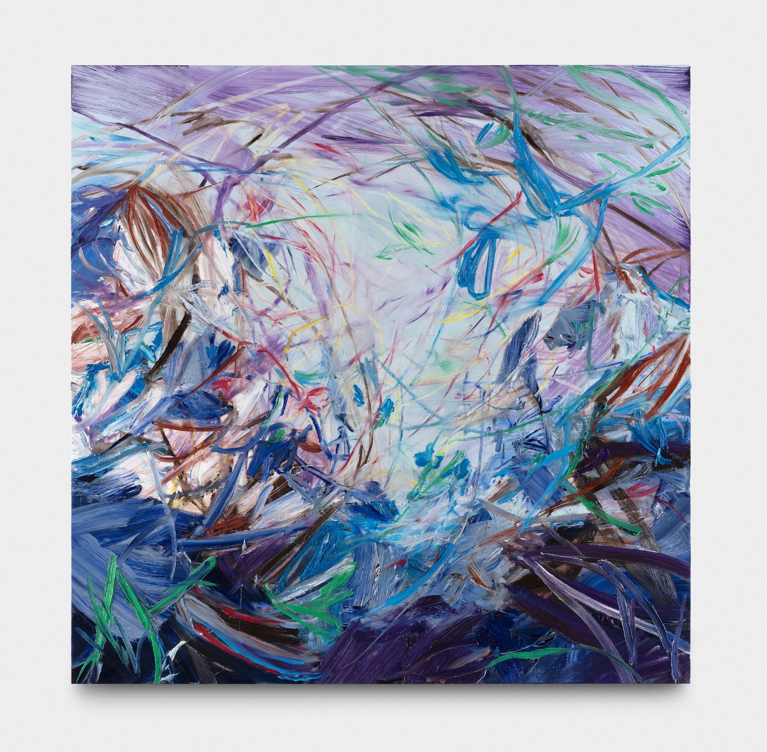 Abstract painting with swirling brushstrokes in shades of purple, blue, green, brown, and hints of yellow and red.