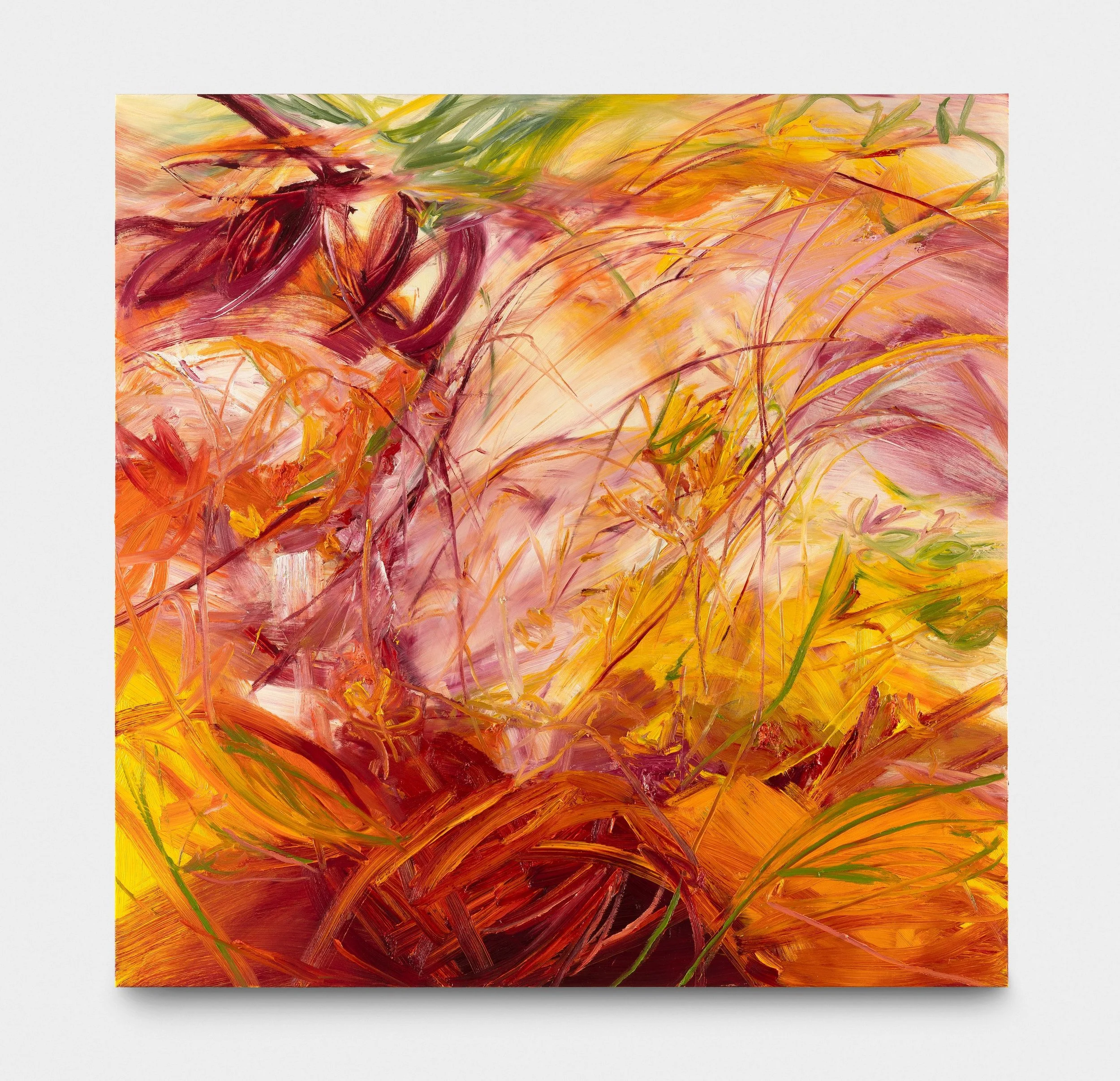 Abstract painting with warm tones of orange, yellow, red, pink, with some green streaks and brushstrokes.
