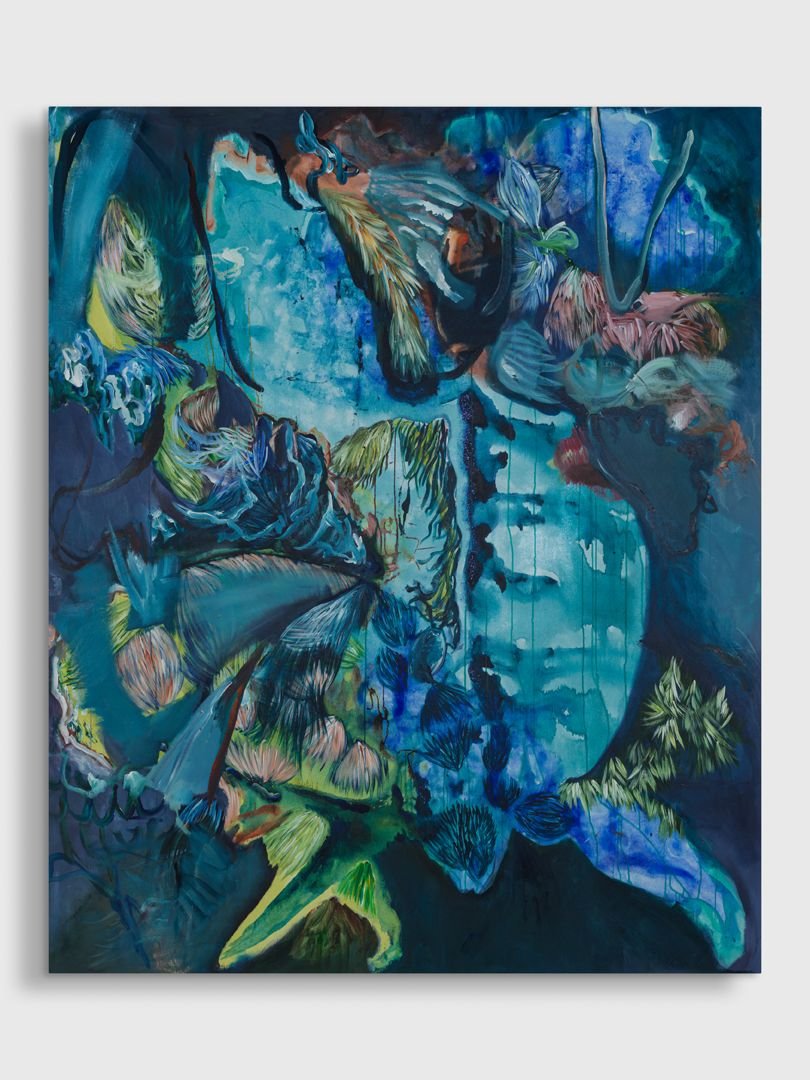 Abstract painting with swirling blue, green, and brown colors, resembling a collage of natural elements like water, leaves, and rocks.