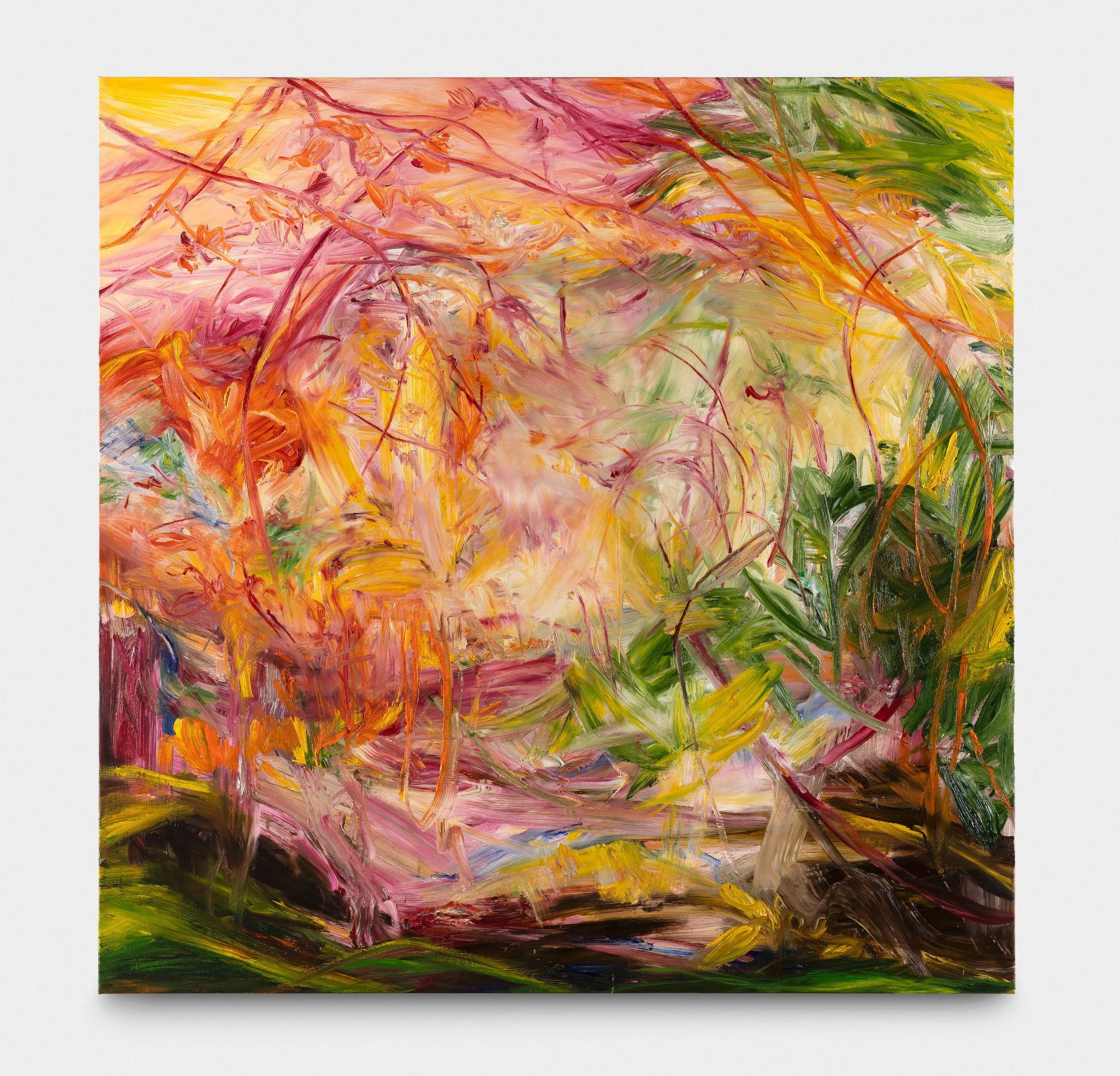 Abstract painting with swirling strokes in pink, orange, yellow, green, and black colors.