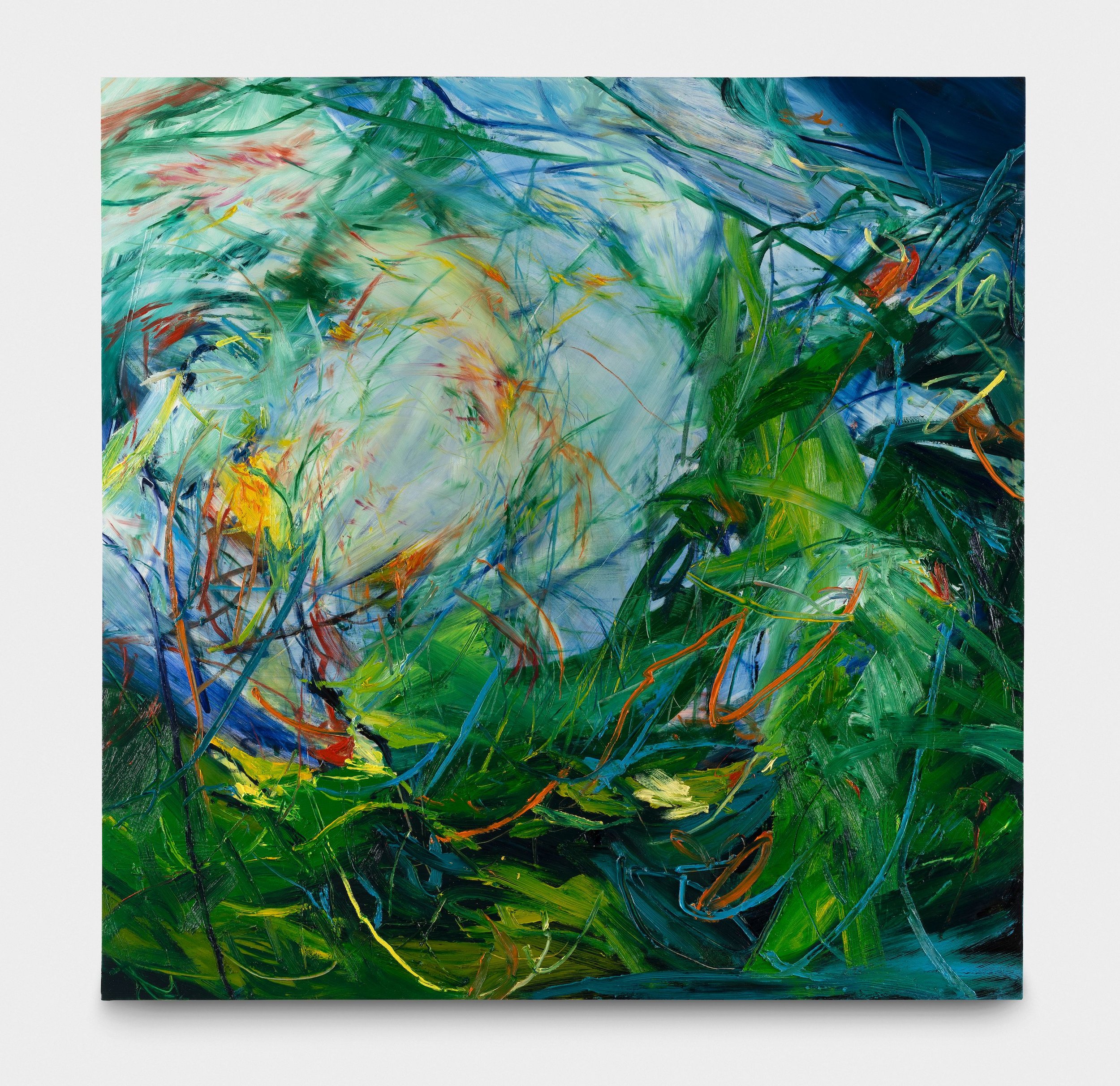 Abstract painting with swirling green, blue, yellow, orange, and white brushstrokes.