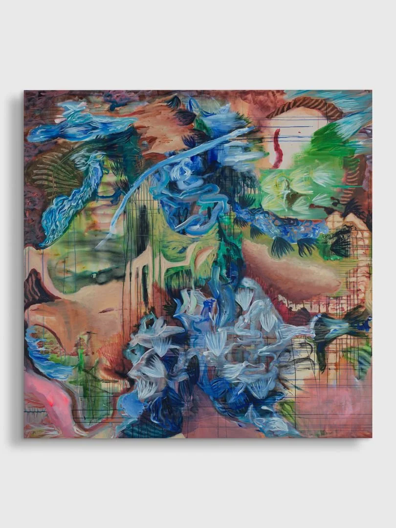 Abstract painting with vibrant blue, green, pink, and brown swirling brushstrokes and geometric grid lines.