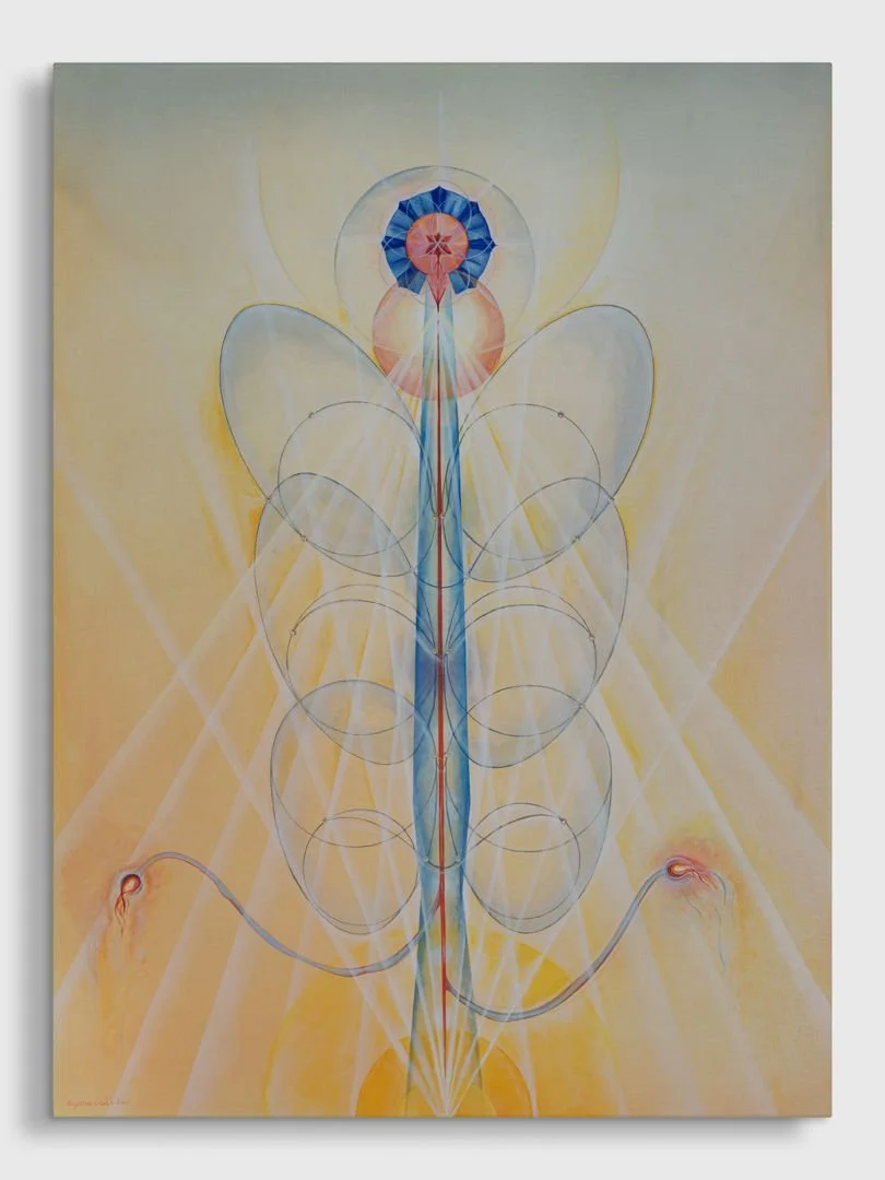 Abstract painting with swirling greens, blues, yellows, and orange brushstrokes.