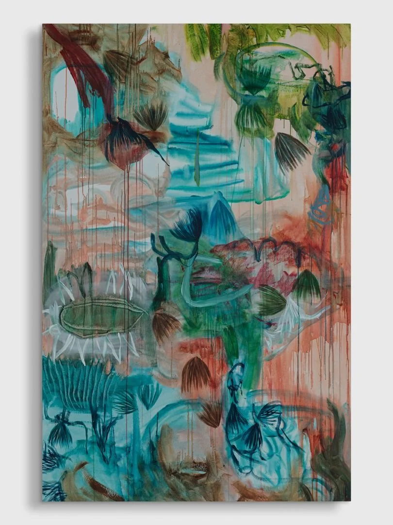 Abstract painting with vibrant colors, depicting a waterfall, plants, and animals like a fish, bird, and frog, blending nature elements with fluid brushstrokes.