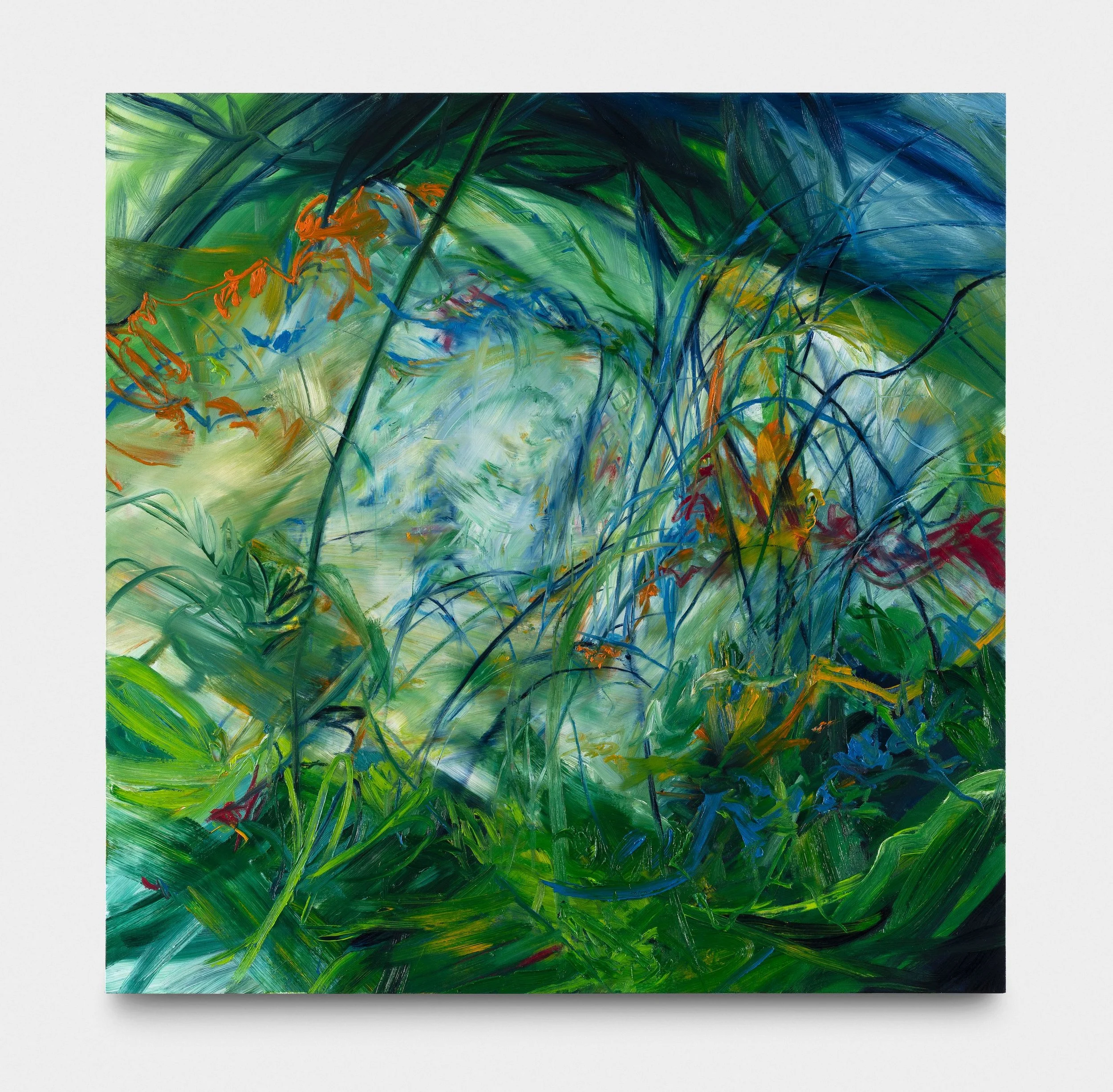 Abstract painting with green, blue, and orange brushstrokes resembling a lush garden or forest.