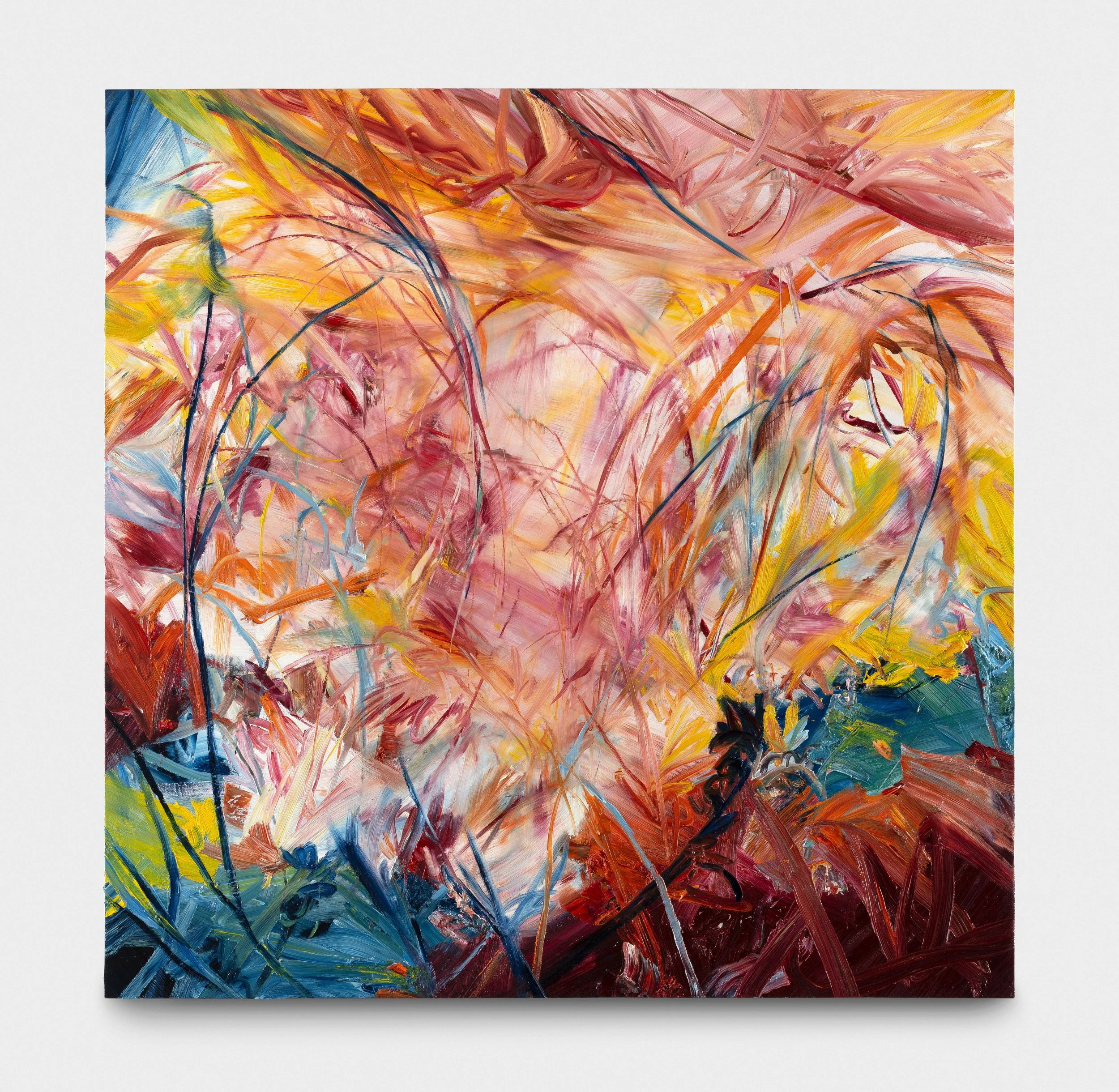 Abstract expressionist painting with sweeping brushstrokes in shades of pink, orange, yellow, blue, and black.
