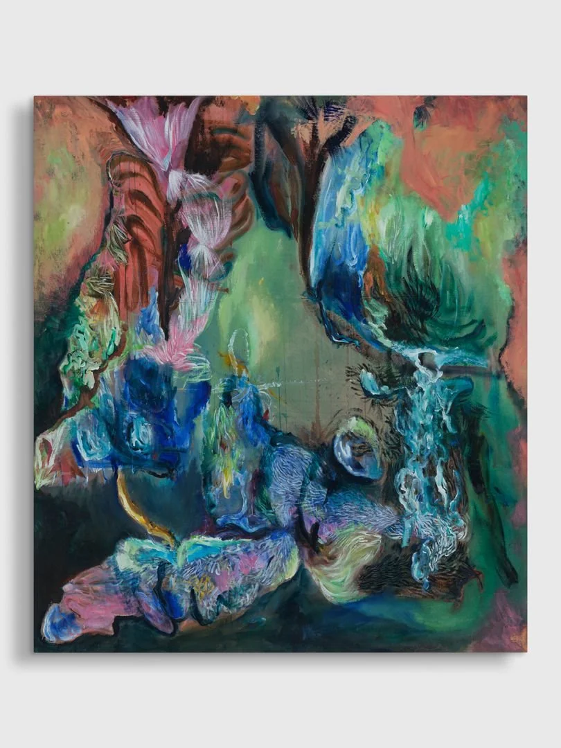 Abstract colorful painting with swirling patterns and vibrant hues of pink, blue, green, and brown.