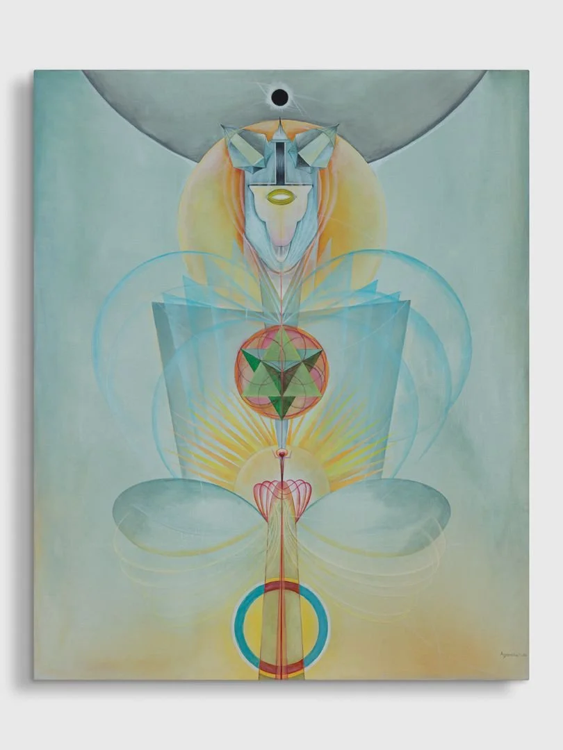 Abstract painting with swirling orange, pink, yellow, green, and purple brushstrokes.