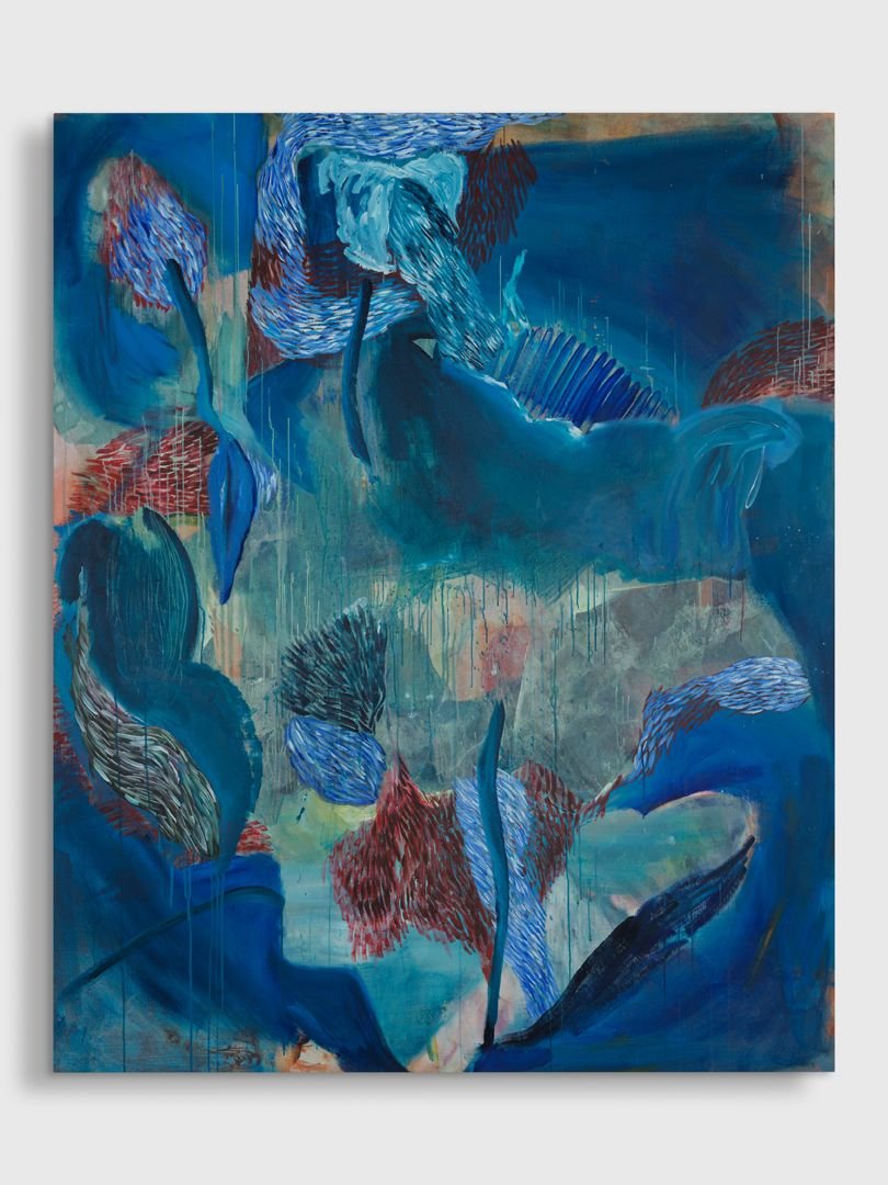 Abstract painting featuring various swan-shaped figures with elongated necks in shades of blue, red, and black on a predominantly blue-green background.