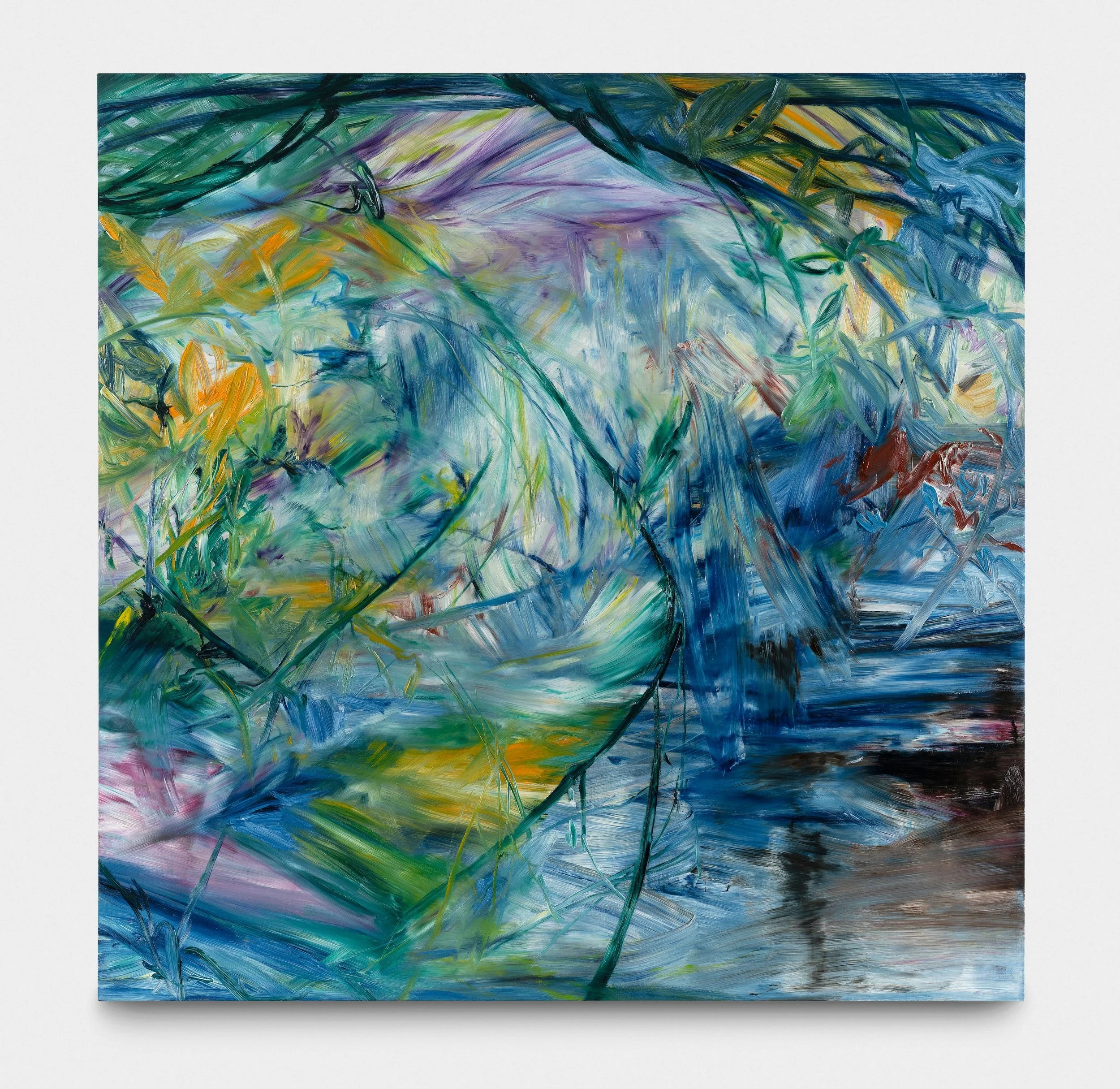 Abstract painting with swirling shades of blue, green, yellow, purple, and hints of red and black.