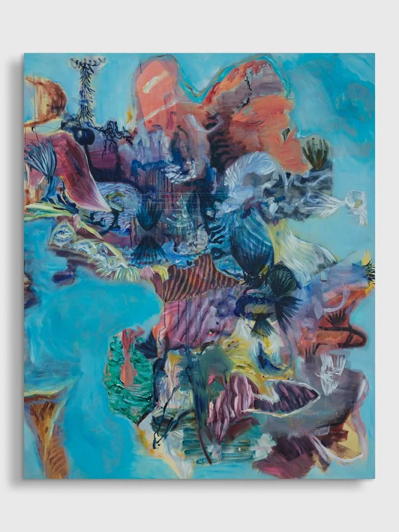 Abstract painting with vibrant colors, including blue, pink, orange, green, and purple, featuring swirling shapes and patterns.