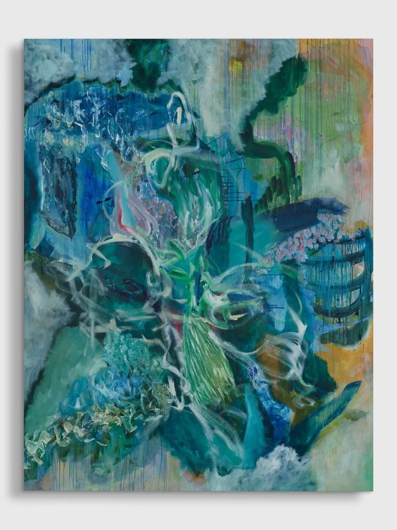 Abstract painting with swirling blue, green, white, and pink colors, featuring various shapes and drips, creating a dynamic, layered composition.