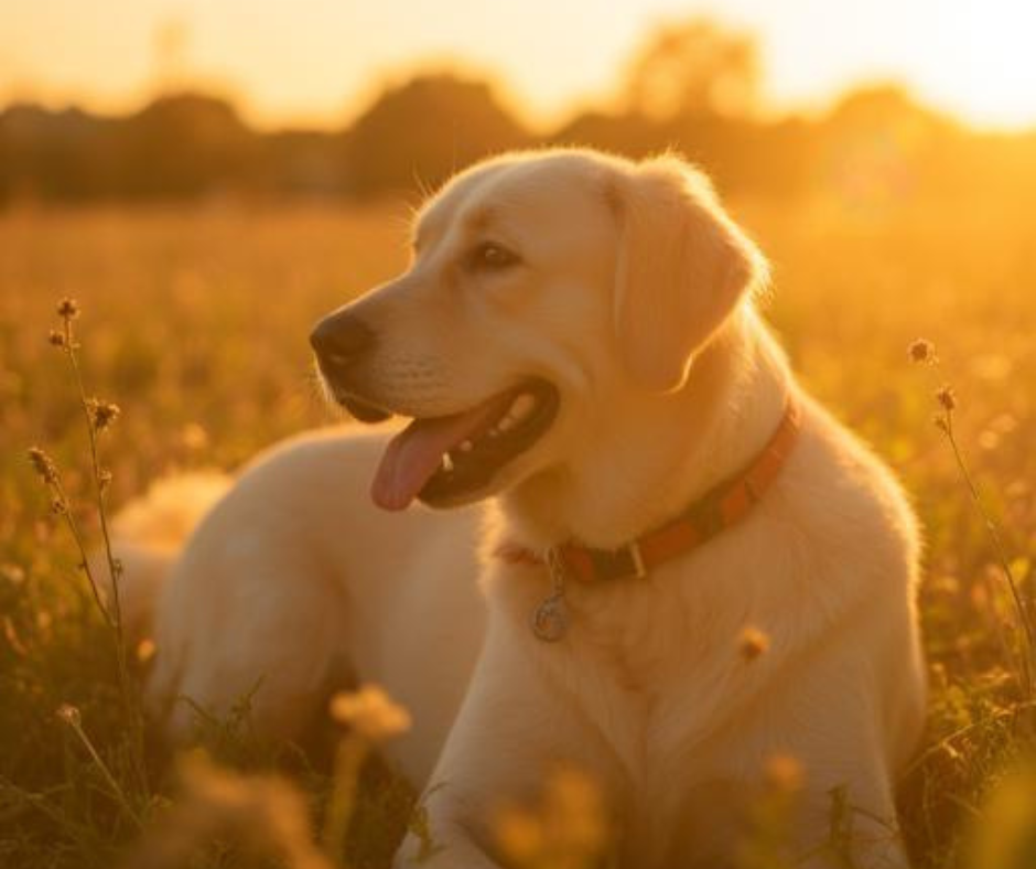 hond bij golden hour in een bloemenwei