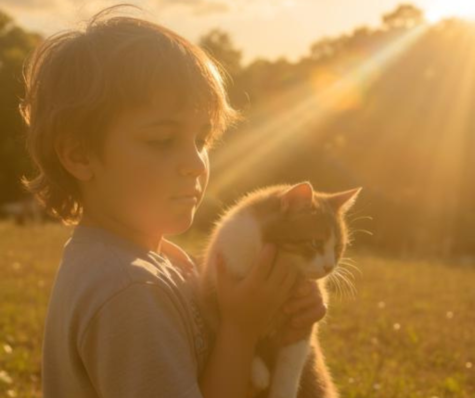 Een jongen houdt een kat in de zonsondergang in een veld.