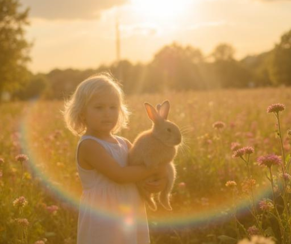 Jong kind met konijn in soort van halo en bloemenveld