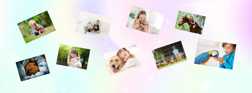 Collage van kinderen, dieren en huisdieren, waaronder een kind met een hond, een kind met een konijn, een meisje met een kamerplant, een kind op een paard, een kind met een geit, een kind met een vogel, en een jongen die een vogel bekijkt.