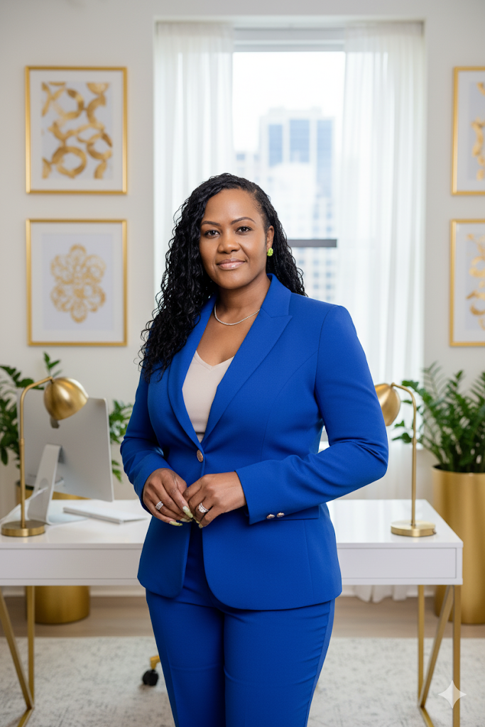A woman in a blue business suit standing in an office with white furniture, gold desk lamps, green plants, and framed gold abstract art on the walls.