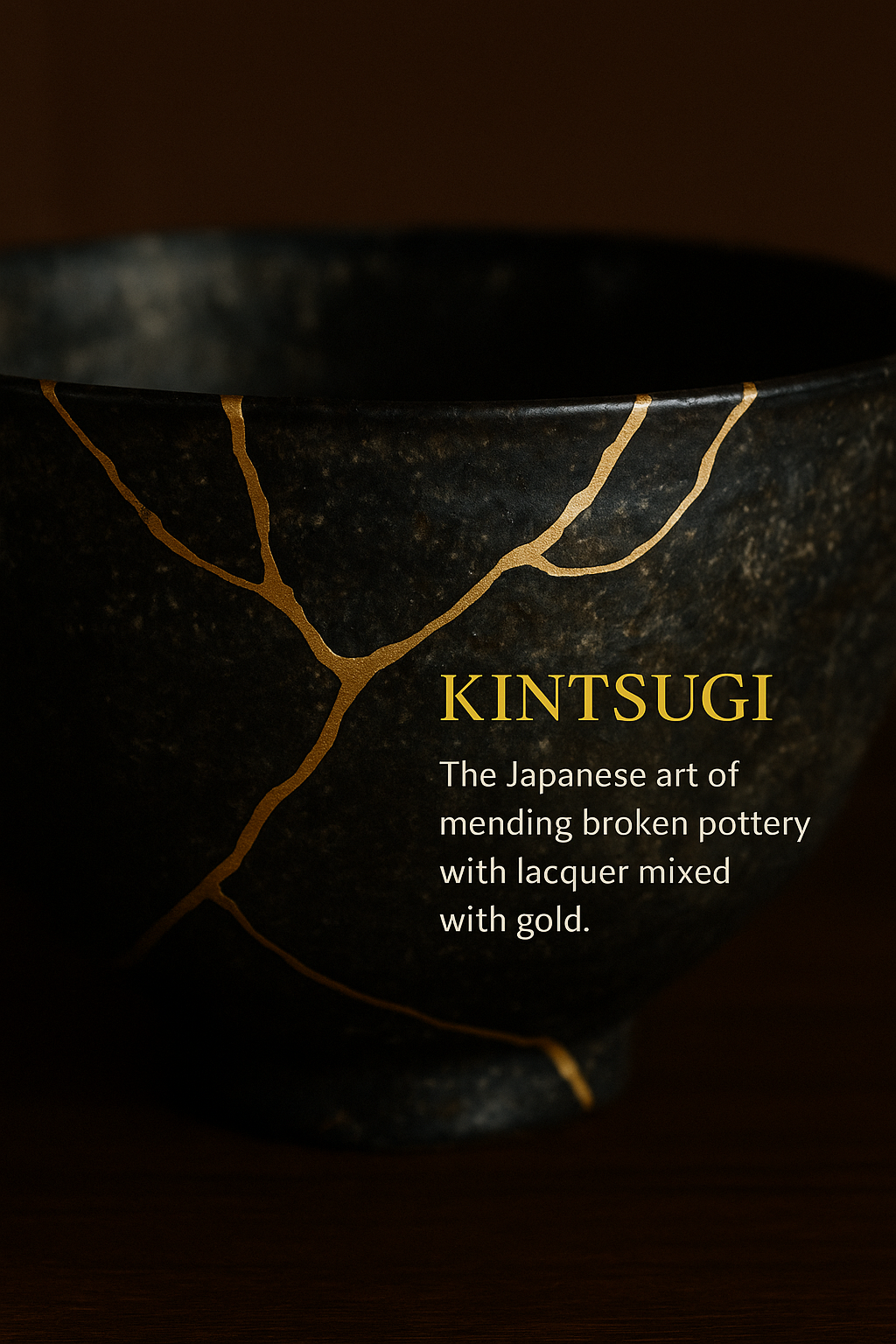 Close-up of a black ceramic bowl with gold crackle design and text explaining Kintsugi, the Japanese art of mending broken pottery with lacquer mixed with gold.