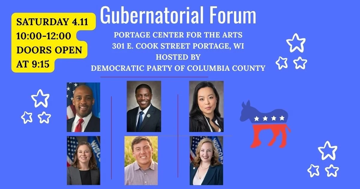 Candidates participating in the Sat. April 11 Gubernatorial Forum presented by the CoCo Dems include Mandela Barnes, David Crowley, Rep. Francesca Hong, Lt. Gov. Sara Rodriguez, Zachary Roper, and Sen. Kelda Roys.