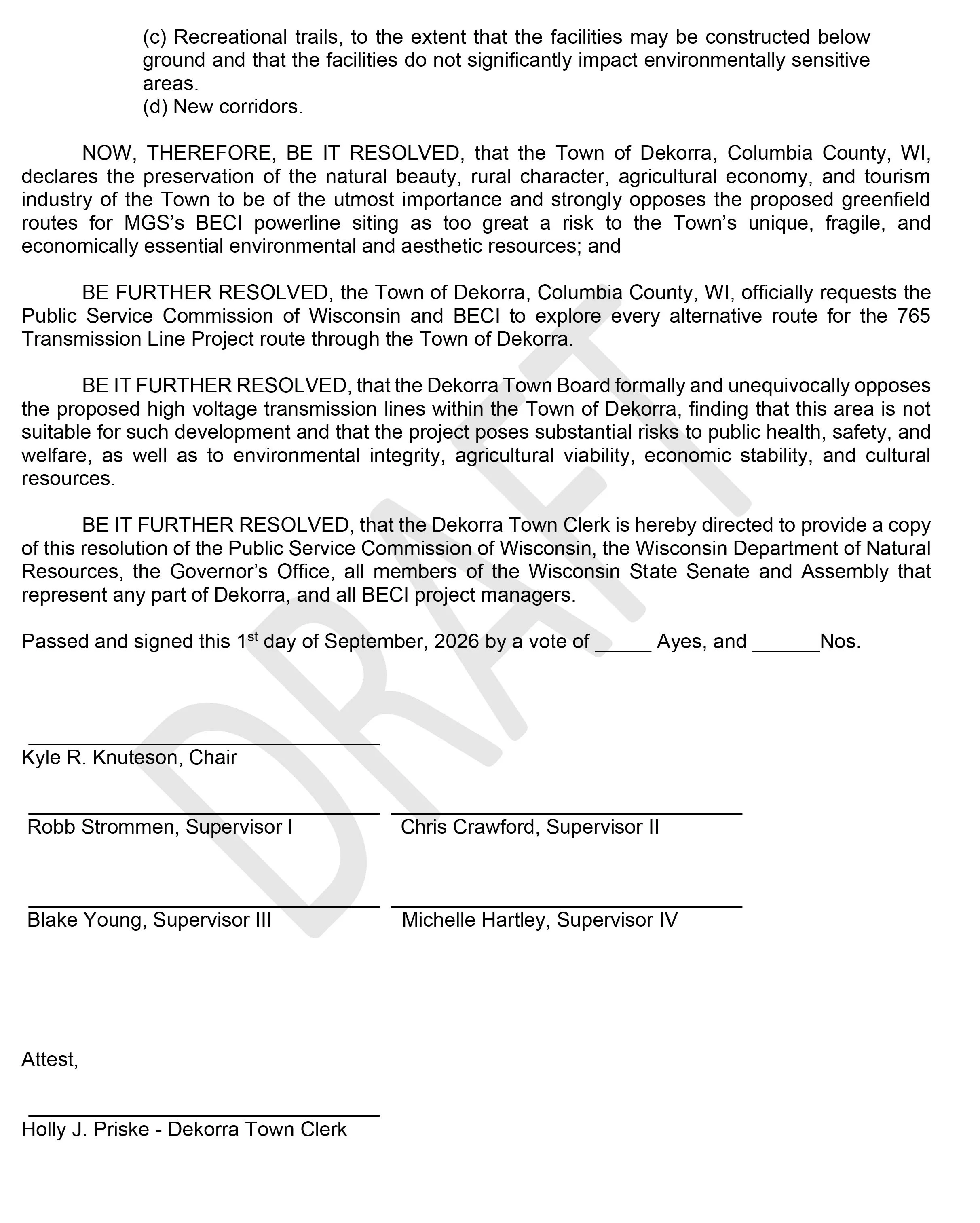 Town of Dekorra Special Meeting regarding BECI 765Kv transmission line, TRB-2026-03