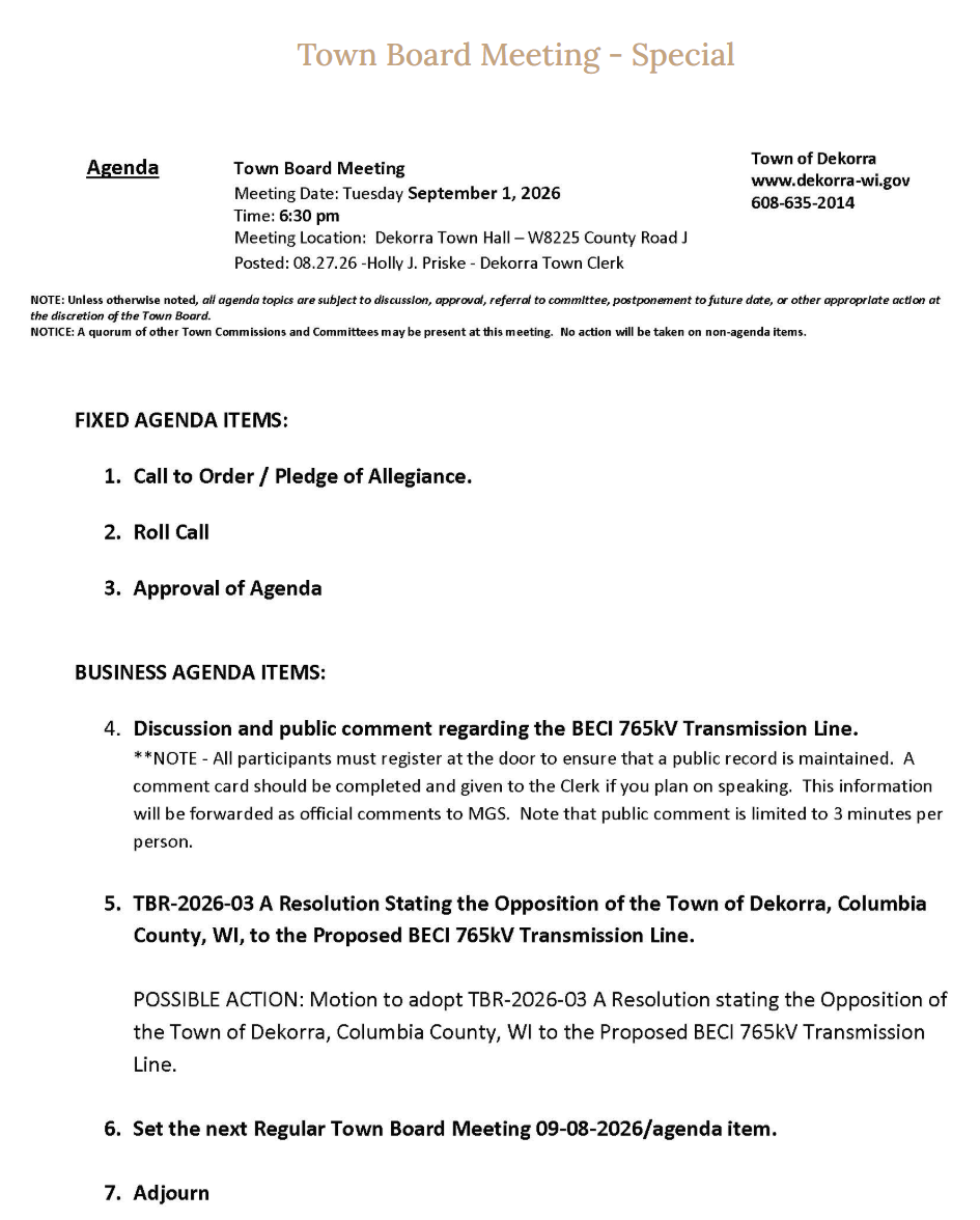 Town of Dekorra Special Meeting regarding BECI 765Kv transmission line.