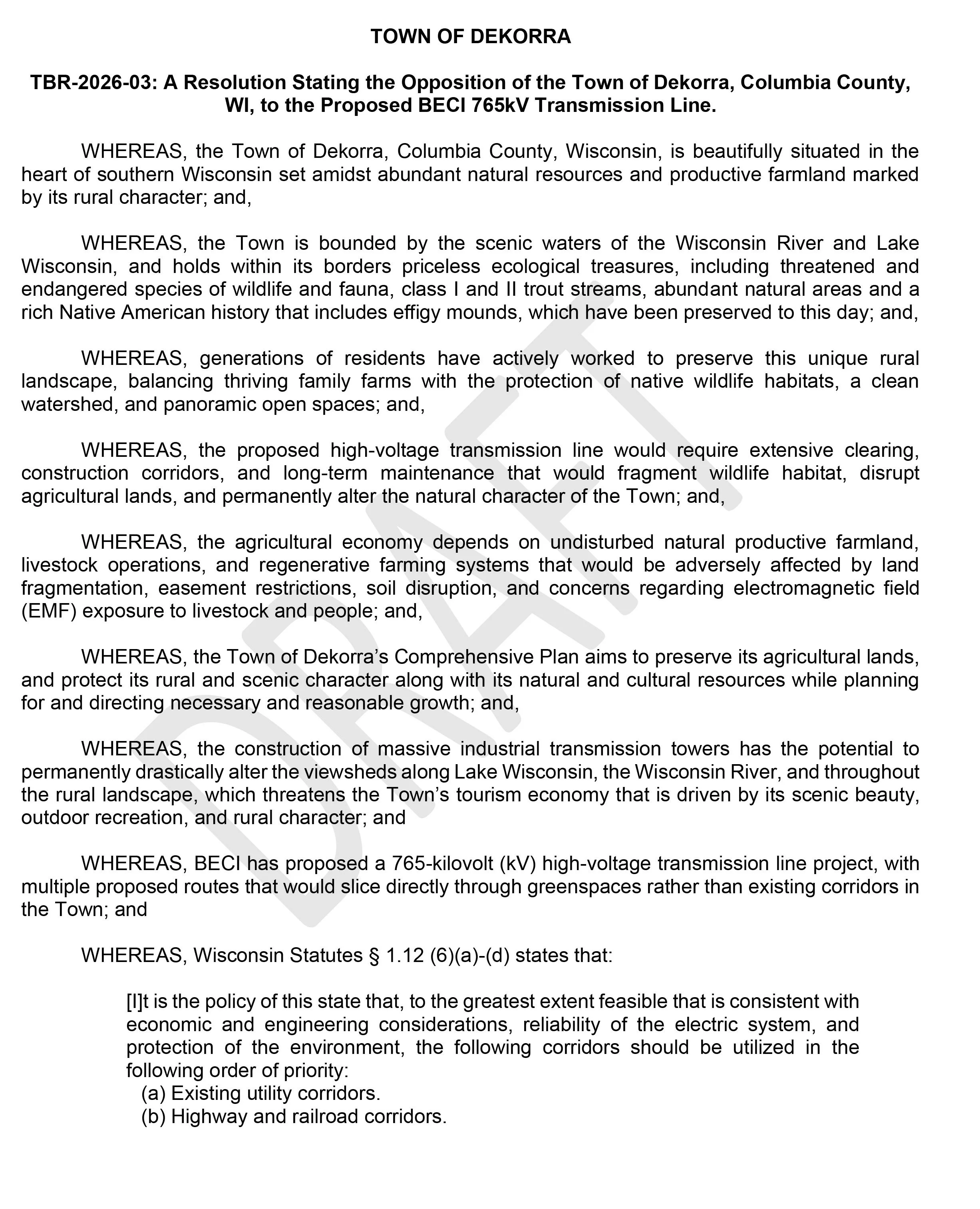 Town of Dekorra Special Meeting regarding BECI 765Kv transmission line, TRB-2026-03