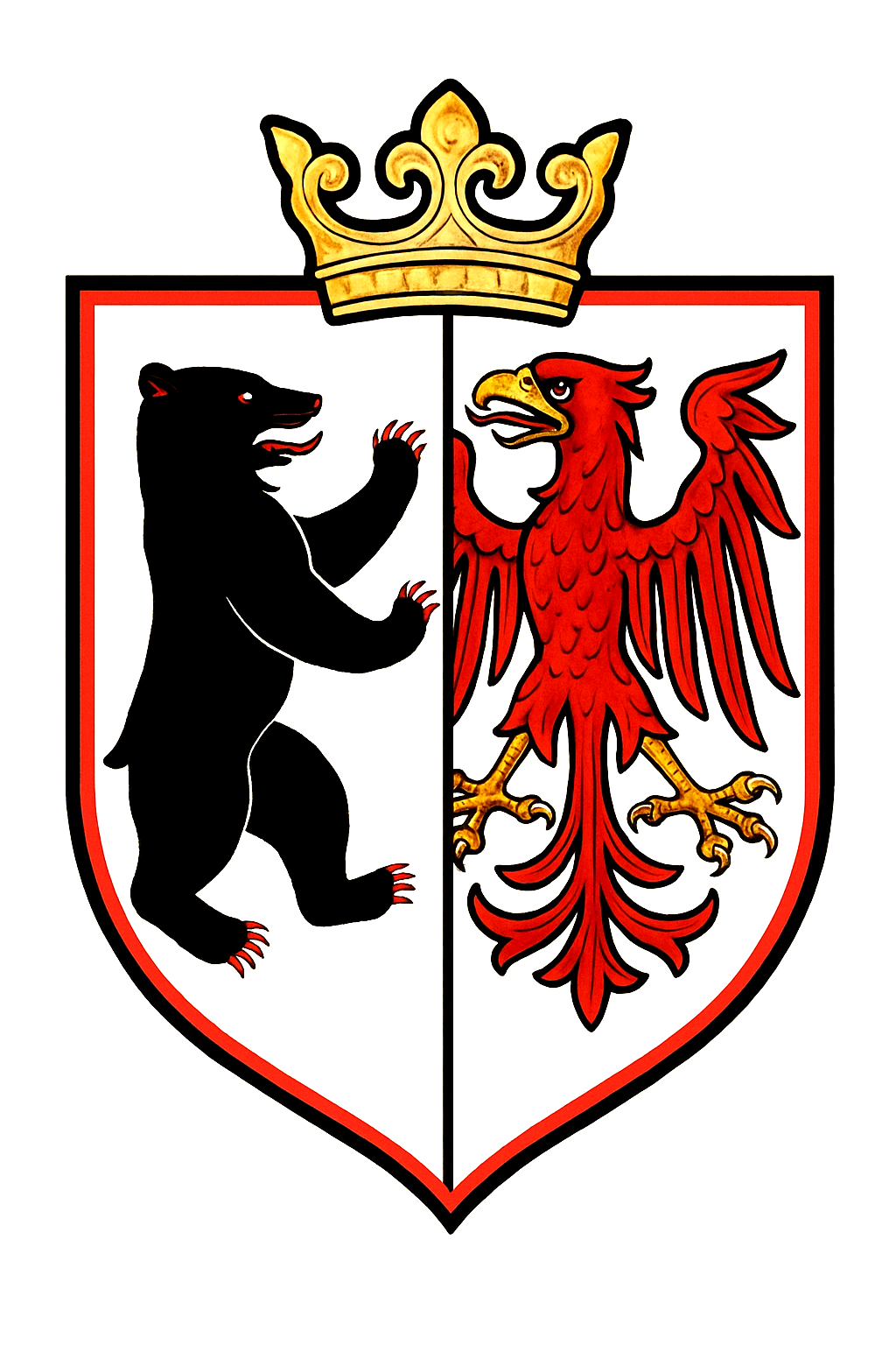 A shield divided vertically with a black bear on the left and a red eagle on the right, topped with a gold crown