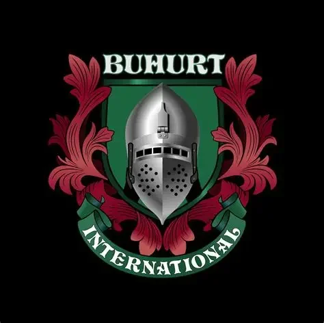 A logo featuring a knight's helmet in the center with red decorative leaves and a green shield background. The words "BUHURT" are at the top and "INTERNATIONAL" at the bottom.