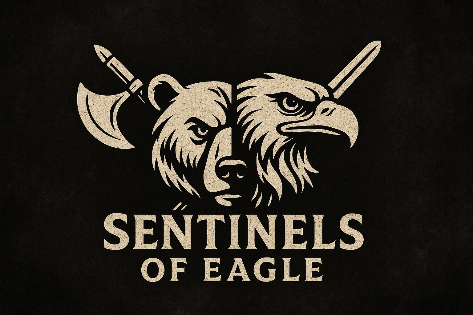 A graphic design featuring a bear and eagle face combined, with a sword and axe crossed behind them, and the words "SENTINELS OF EAGLE" below.